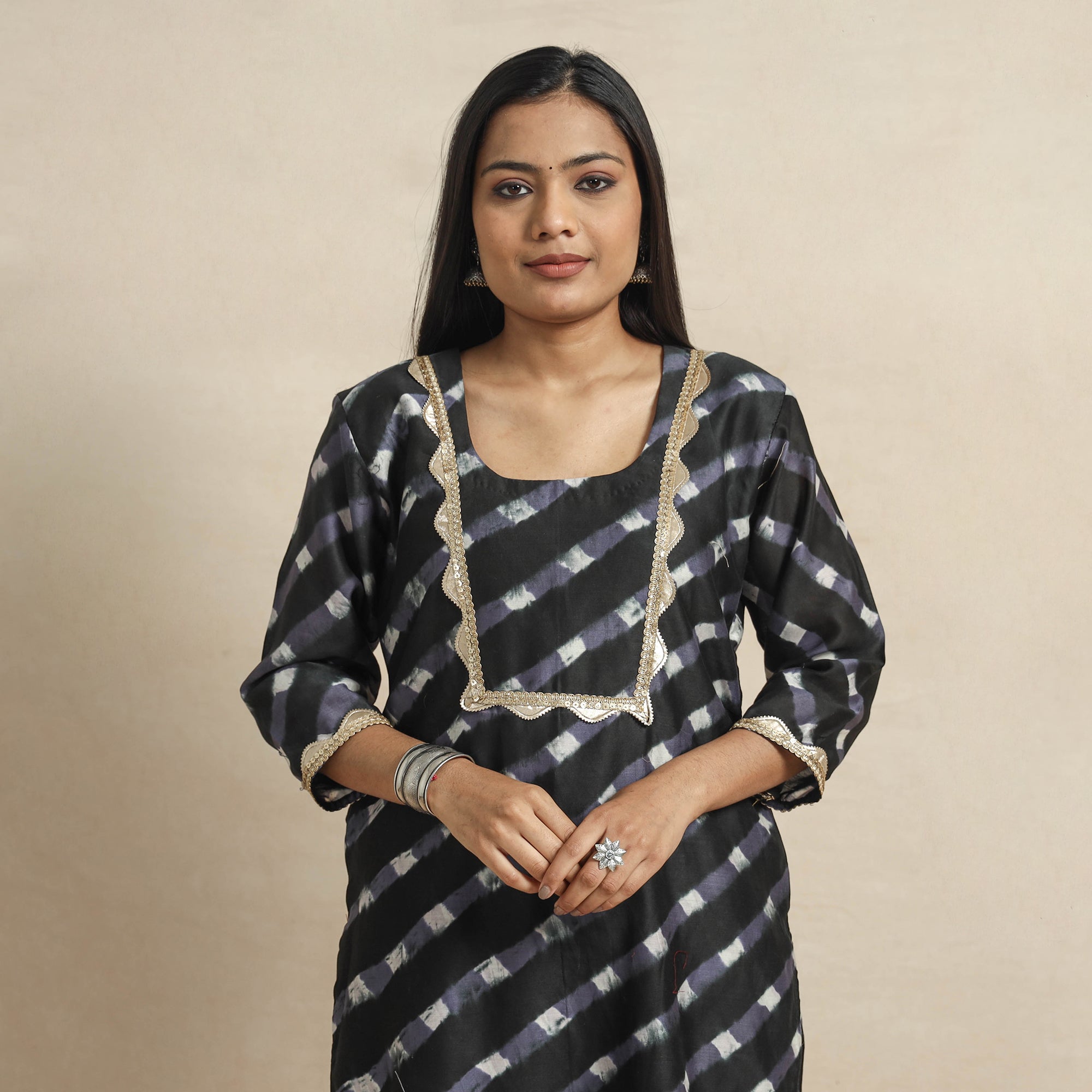 ITOKRI CASUALS Black - Leheriya Tie-Dye Chanderi Silk Straight Kurta with Lace Work