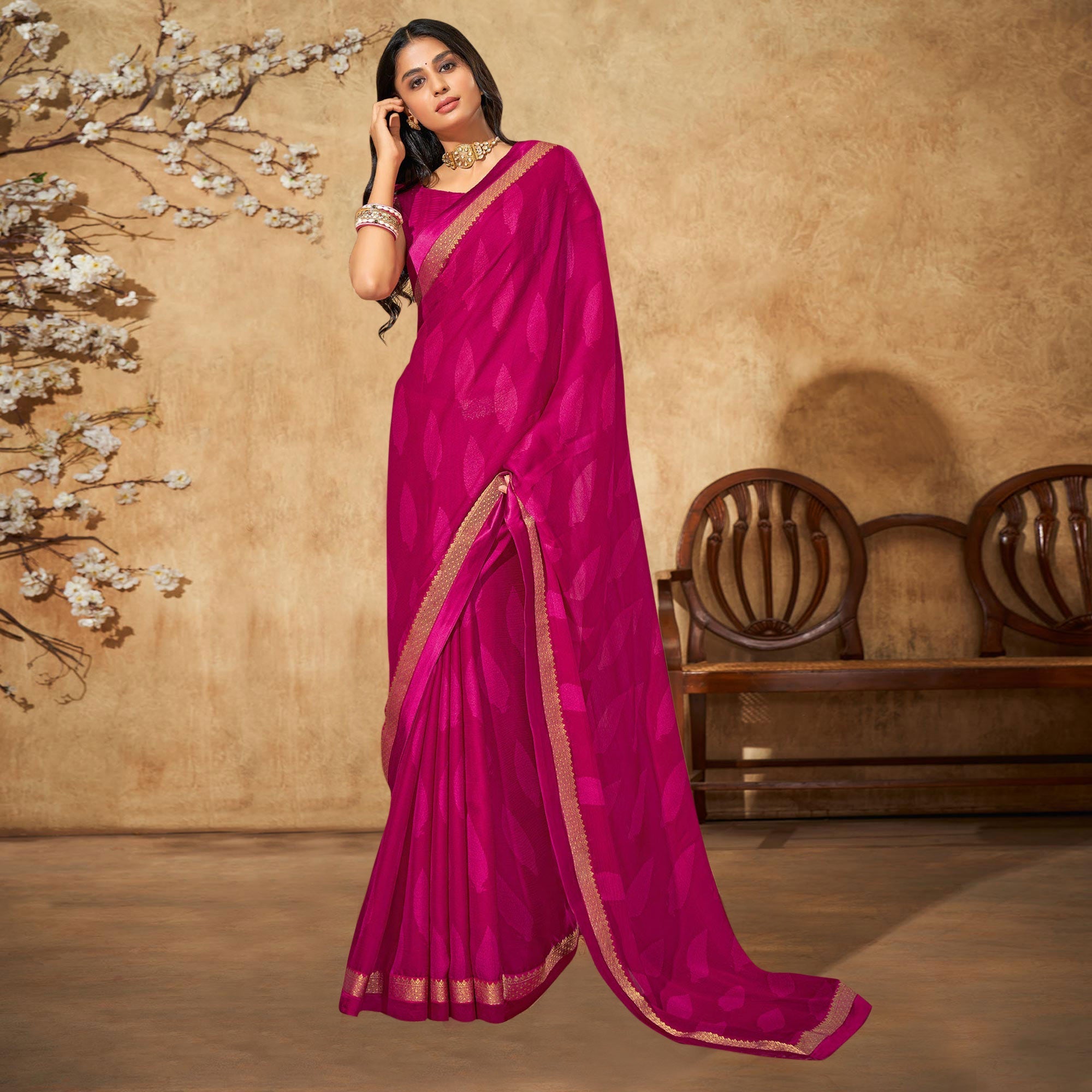 Peachmode Magenta Pink Printed Chiffon Saree With Brocade Lace