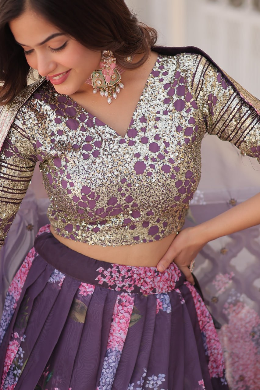 ClothsVilla Wine Exquisite Women's Fully Flaired Lehenga Set in Digital Printed Russian Silk with Sequins Embroidery - view 6