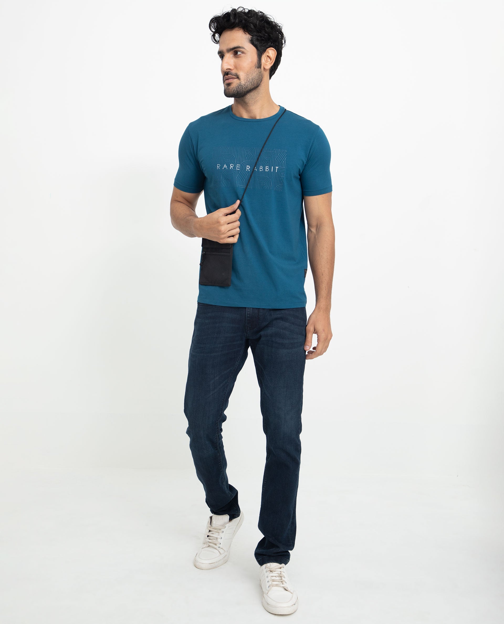 Rare Rabbit Men's Alanet Teal Crew Neck Foil HD Print Branding Half Sleeves Regular Fit T-Shirt - view 11