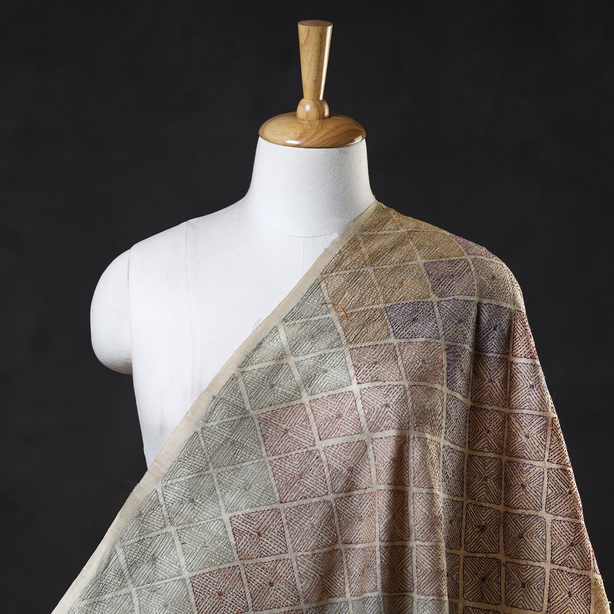 KHUSHBASH - HAPPY LOOM OF EAST Beige - Bengal Kantha Work Pure Tussar Silk Handloom Fabric
