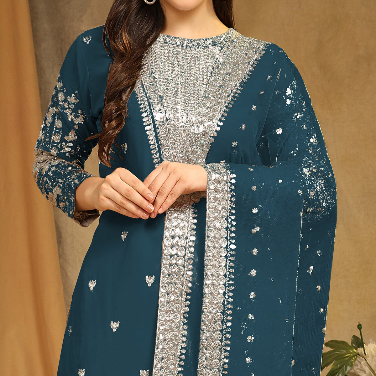 Peachmode Morpich Sequins Embroidered Georgette Semi Stitched Salwar Suit - view 3