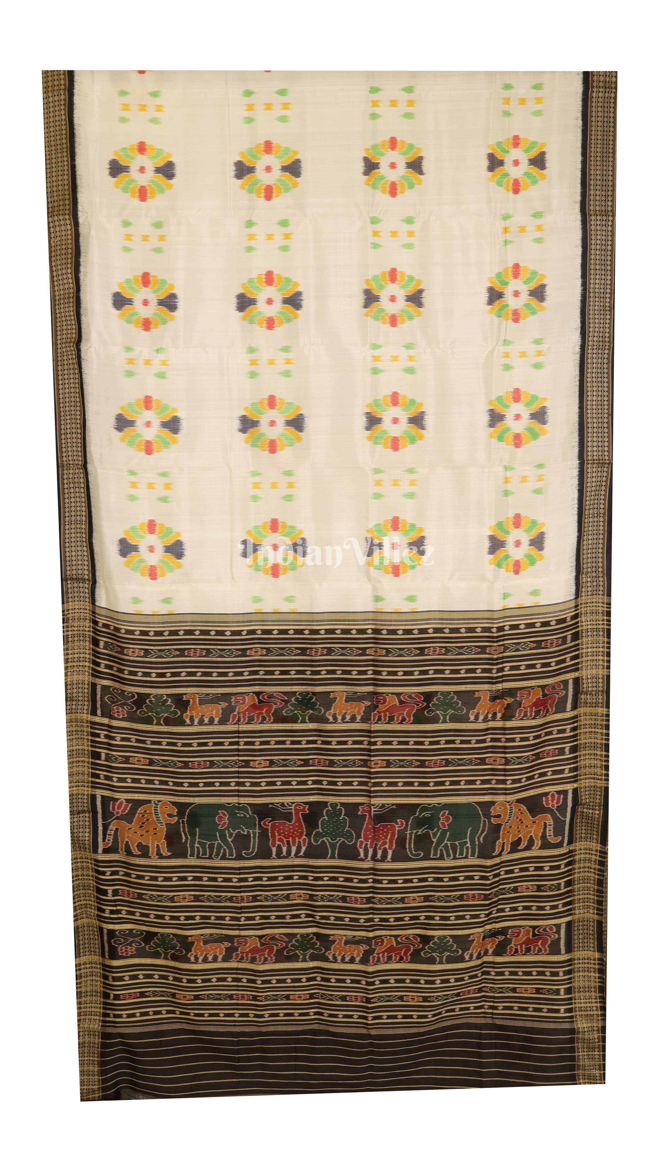 IndianVillèz White Black Baghambari Khandua Silk Saree