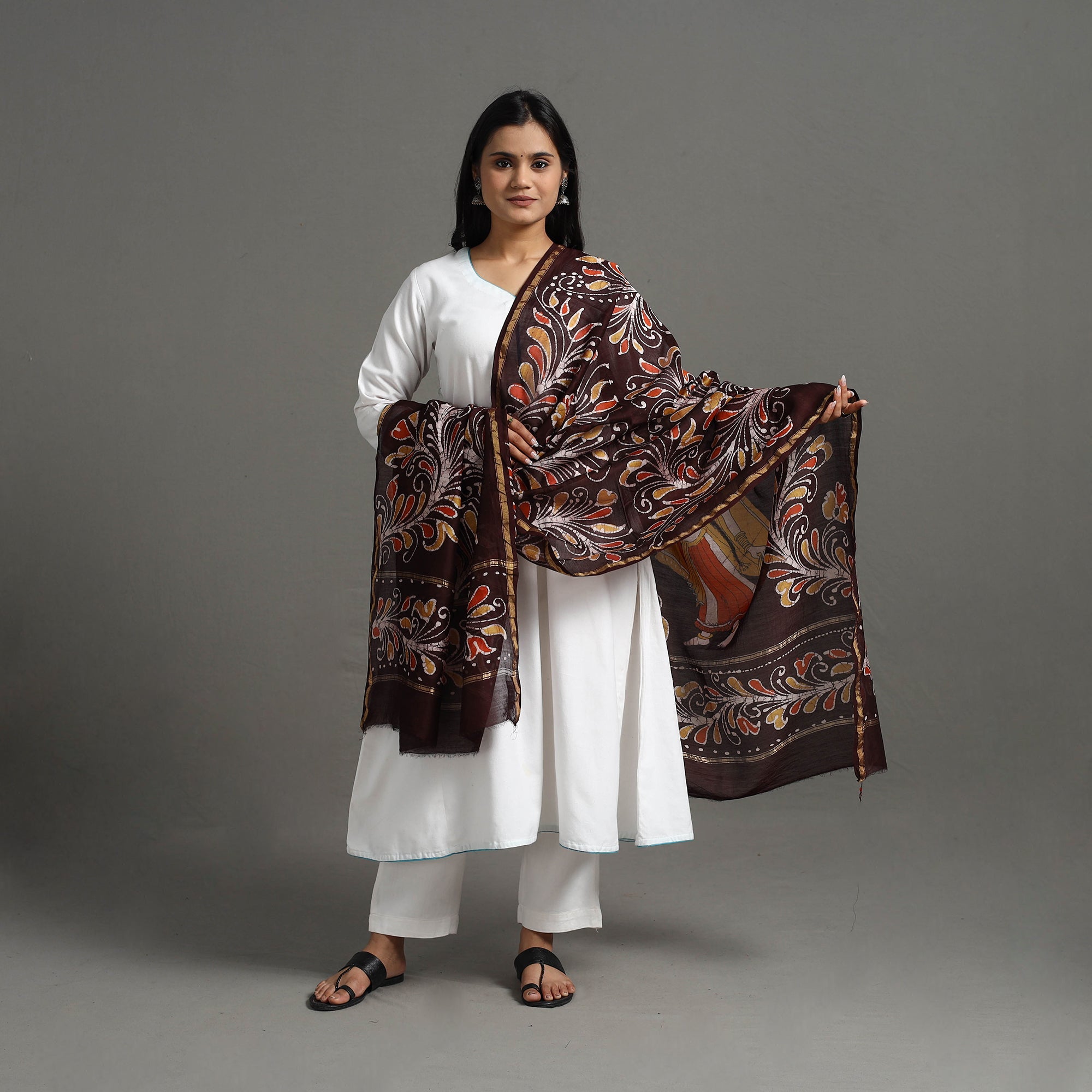 KACHCHH JI CHHAAP Brown - Handloom Chanderi Silk Hand Batik Printed Dupatta 05