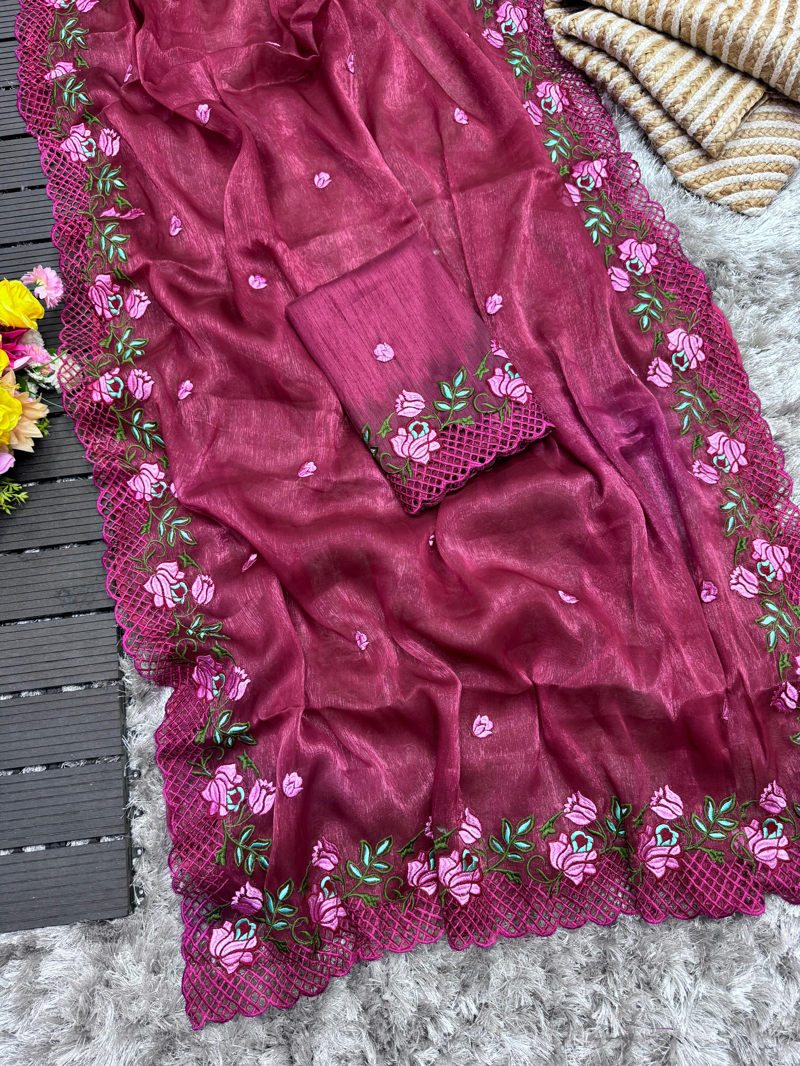ClothsVilla Wine Crush Silk Saree with Intricate Floral Embroidery & Matching Blouse - view 4