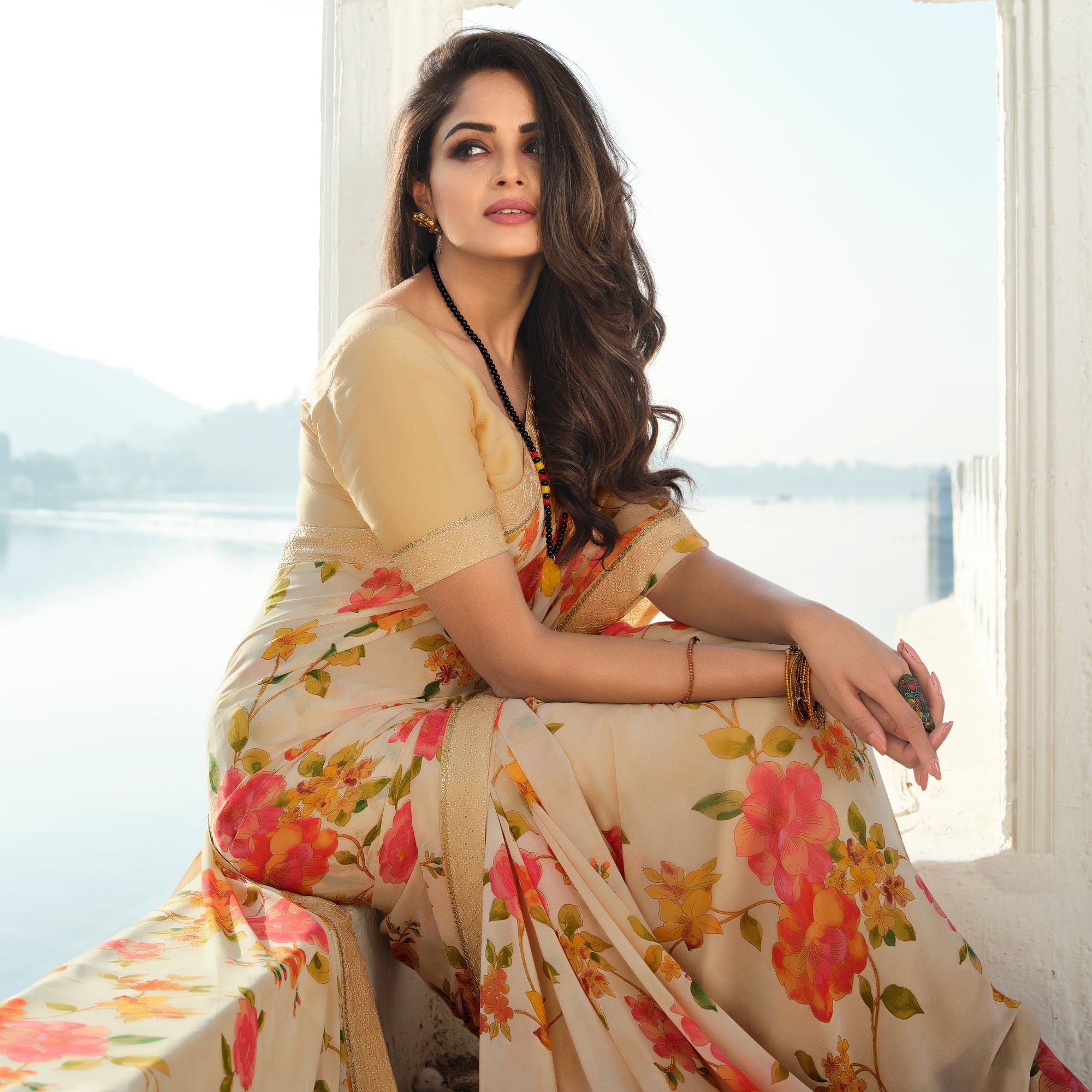 Peachmode Cream Floral Printed With Embroidered Border Georgette Saree - view 4