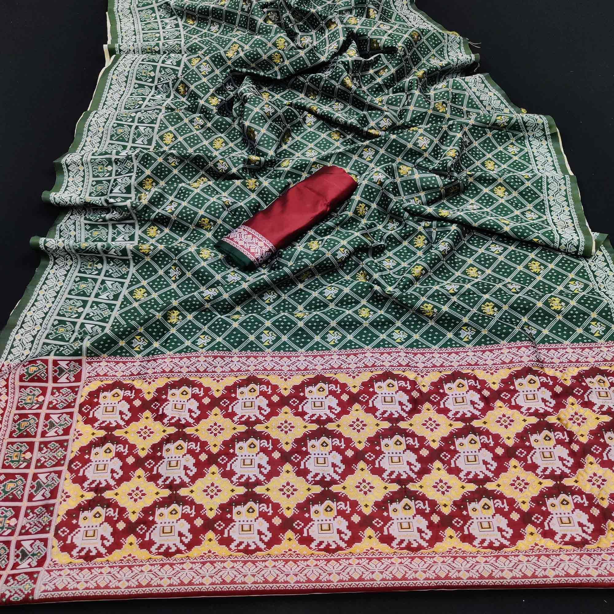 Peachmode Dark Rama Green Festive Wear Woven Soft Silk Patola Saree - view 2