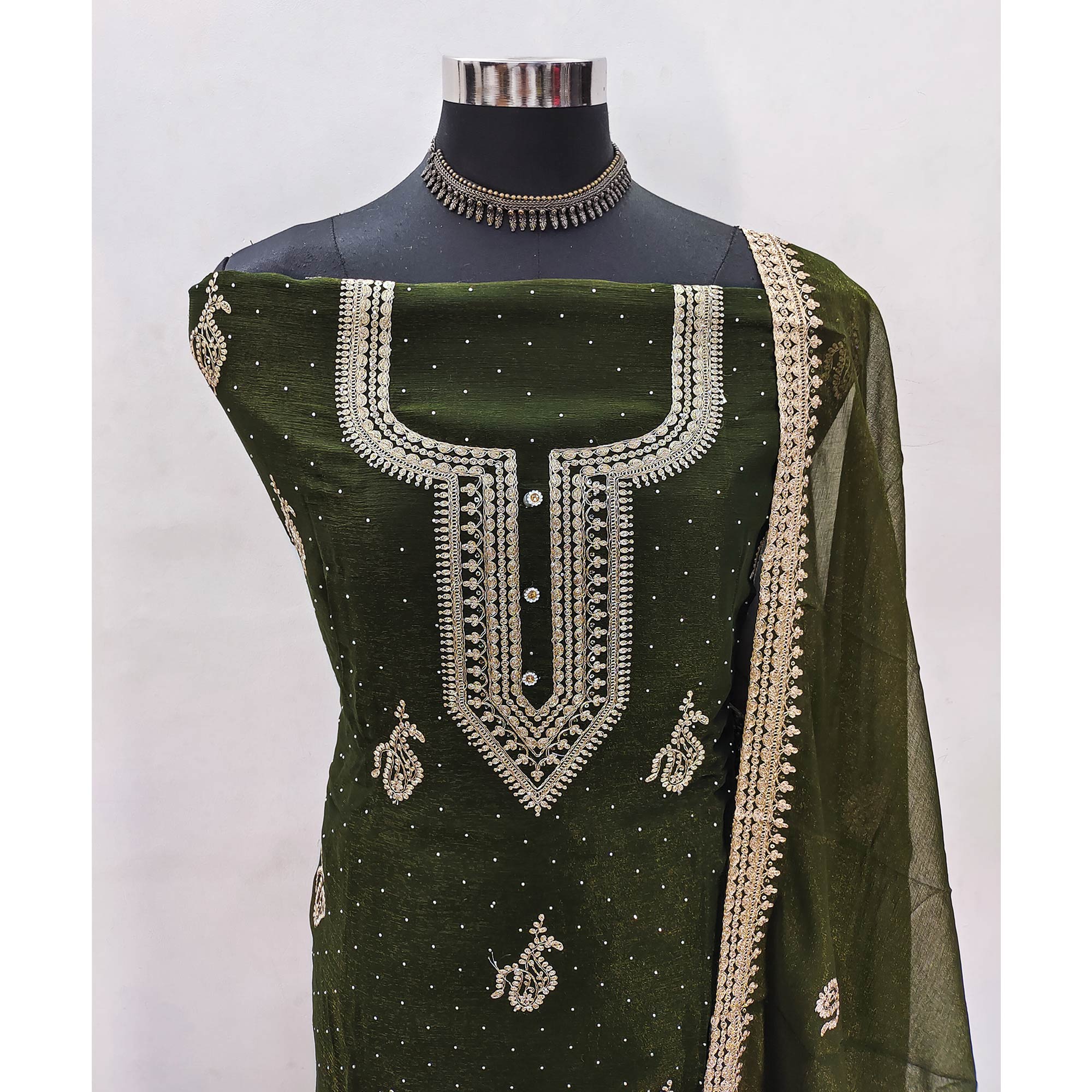 Peachmode Mehendi Green Floral Embroidery With Swarovski Work Georgette Dress Material - view 4