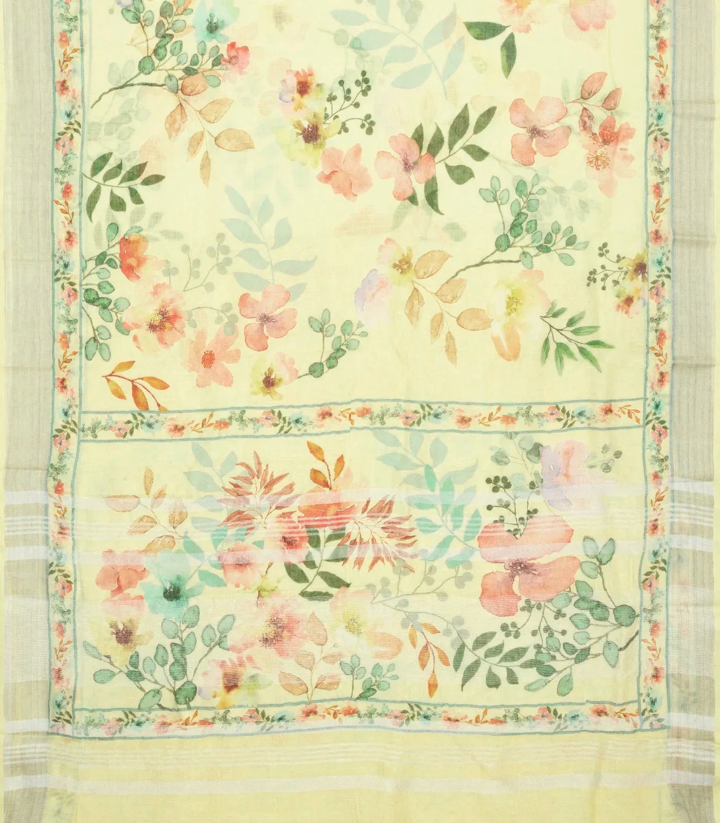 RmKV Light Yellow Handloom Linen Saree With Printed Floral Motifs - view 2