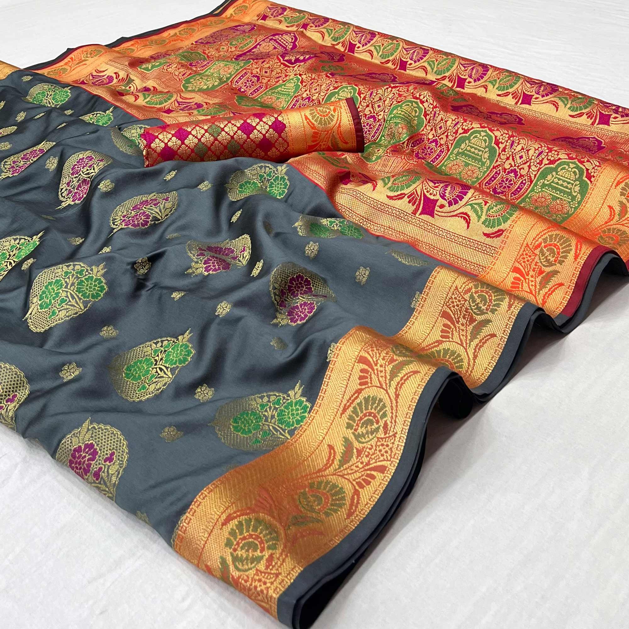Peachmode Grey Woven Art Silk Saree – Women's