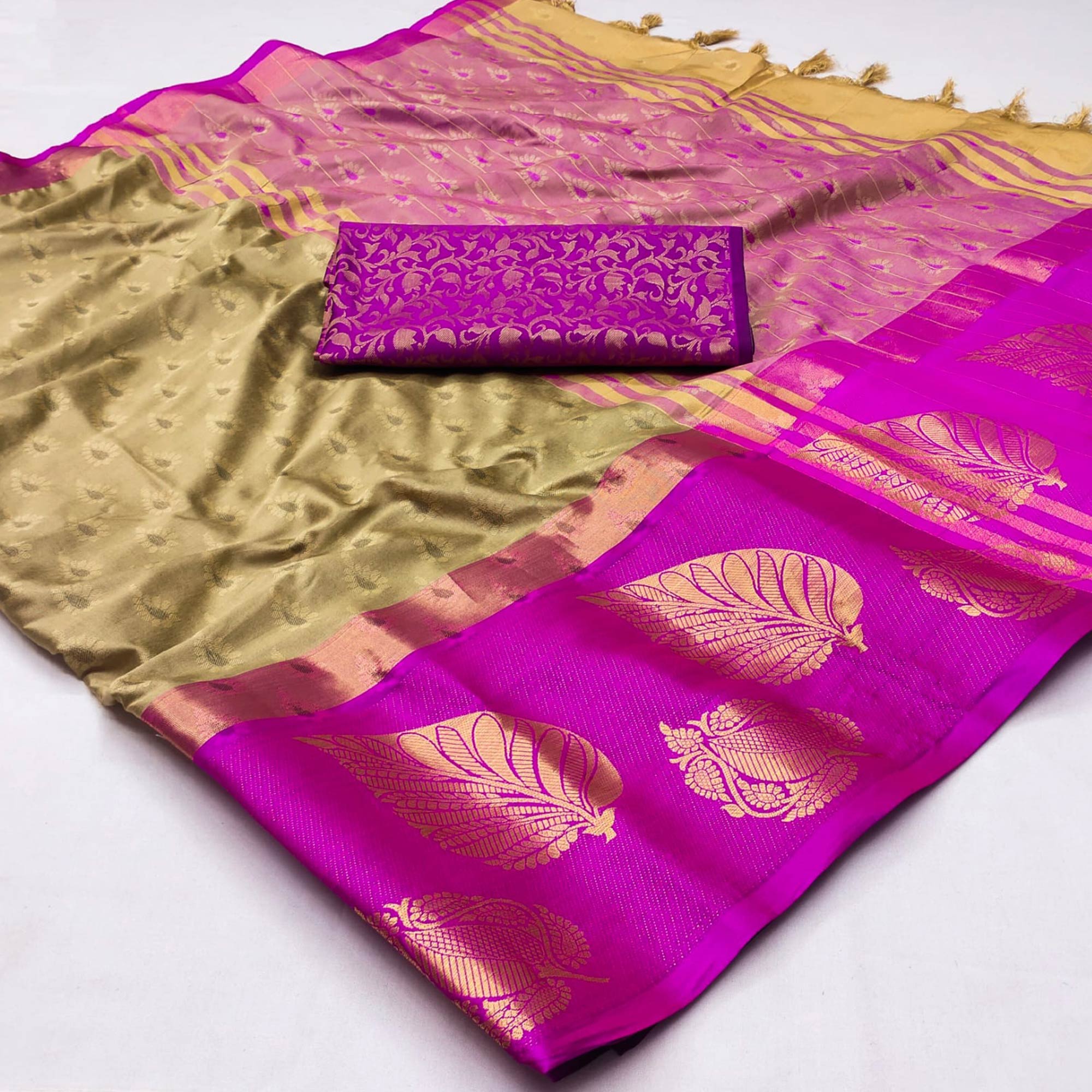 Peachmode Chikoo Woven Cotton Silk Saree With Tassels