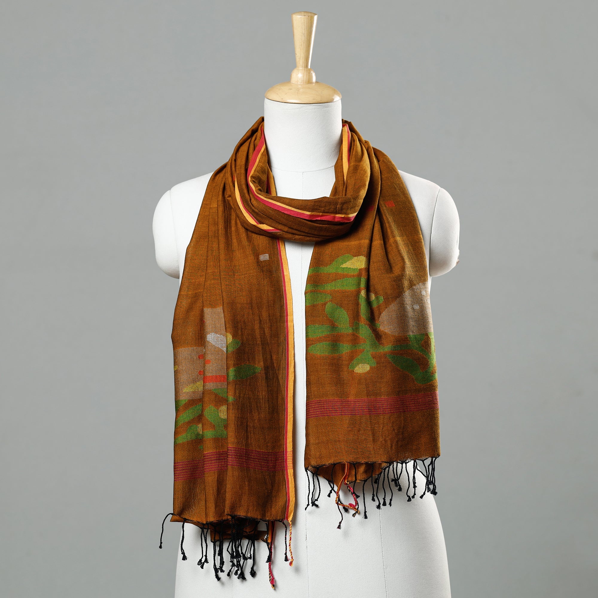 ALANKRITA Brown - Jamdani Handloom Cotton Stole with Tassels