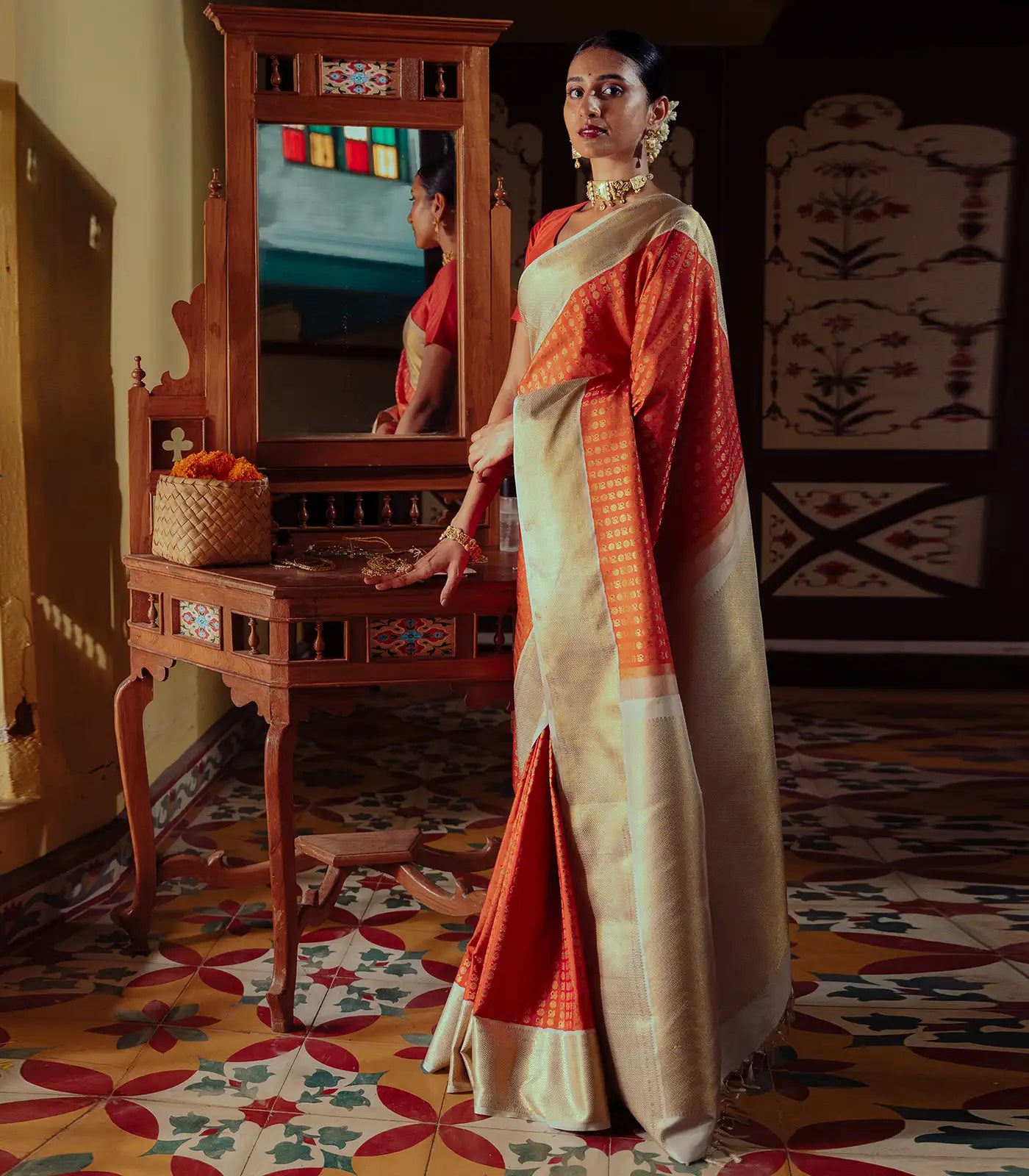 RmKV Orange Handloom Kanchipuram Korvai Silk Saree With Annam Chakaram Motifs-Orange