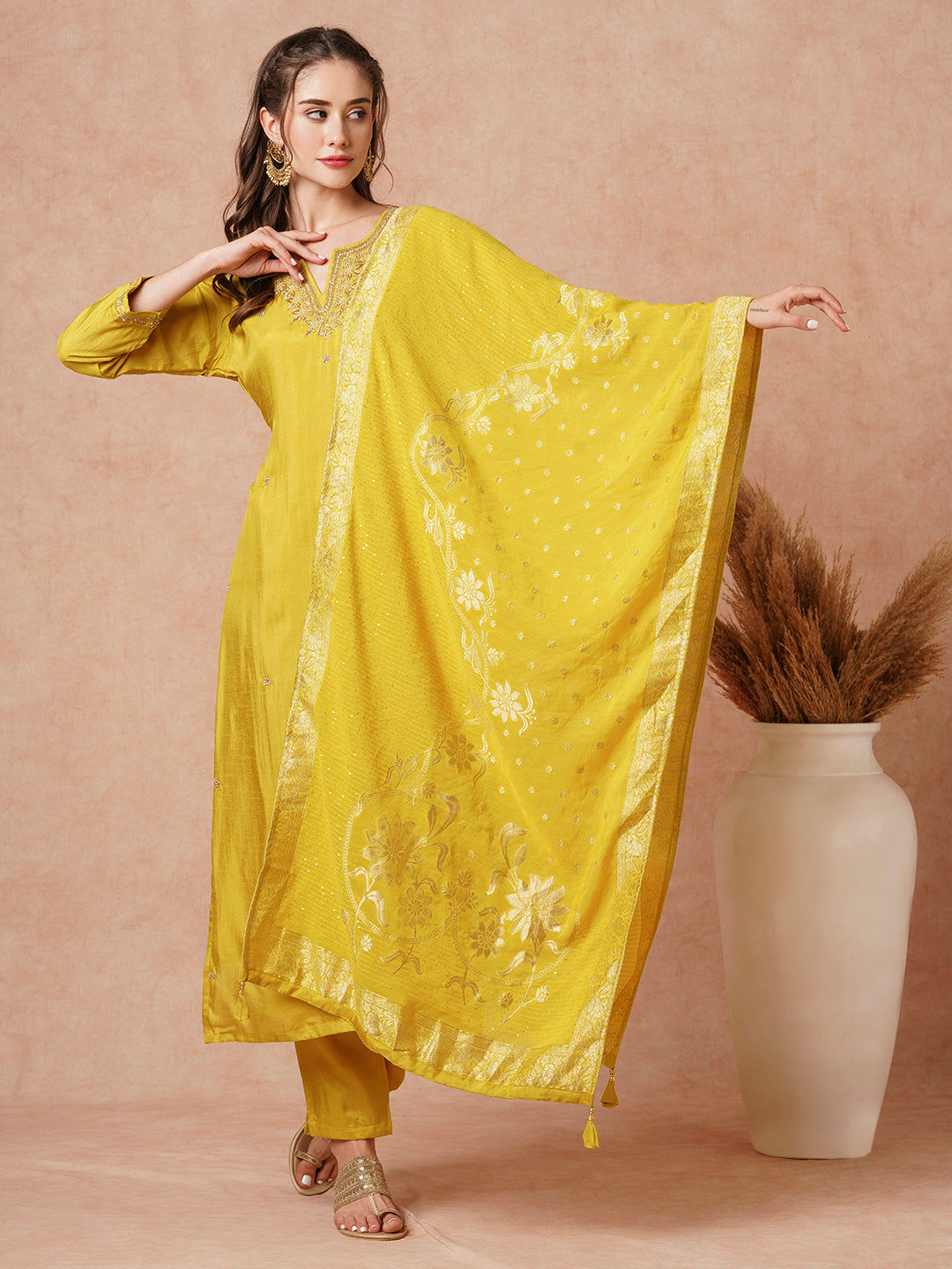 Fashor Solid Hand Embroidered Kurta with Pant & Woven Jacquard Dupatta - Mustard - view 3