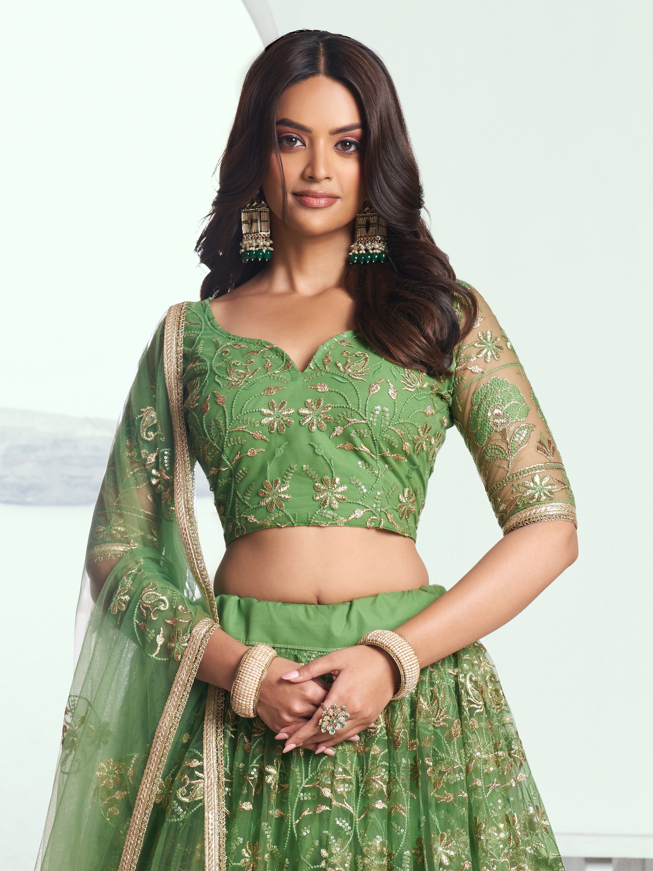ClothsVilla Elegant Green Embroidered Net Mehendi Lehenga Choli - view 5