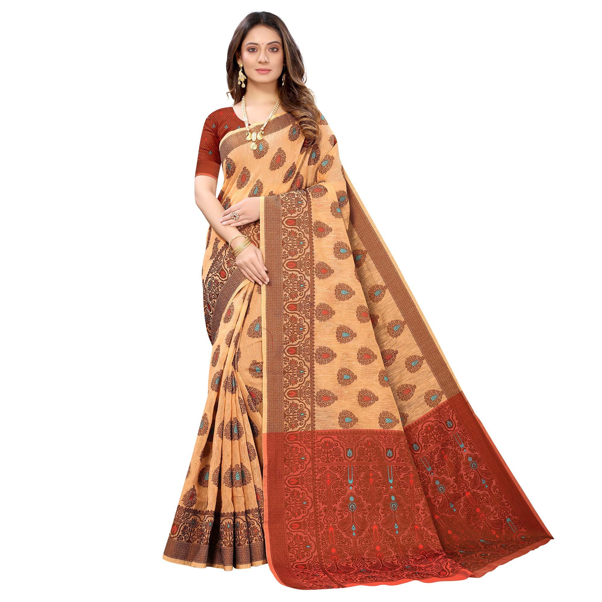 Peachmode Light Orange Festive Wear Woven With Meena Butta Rich Pallu Cotton Saree