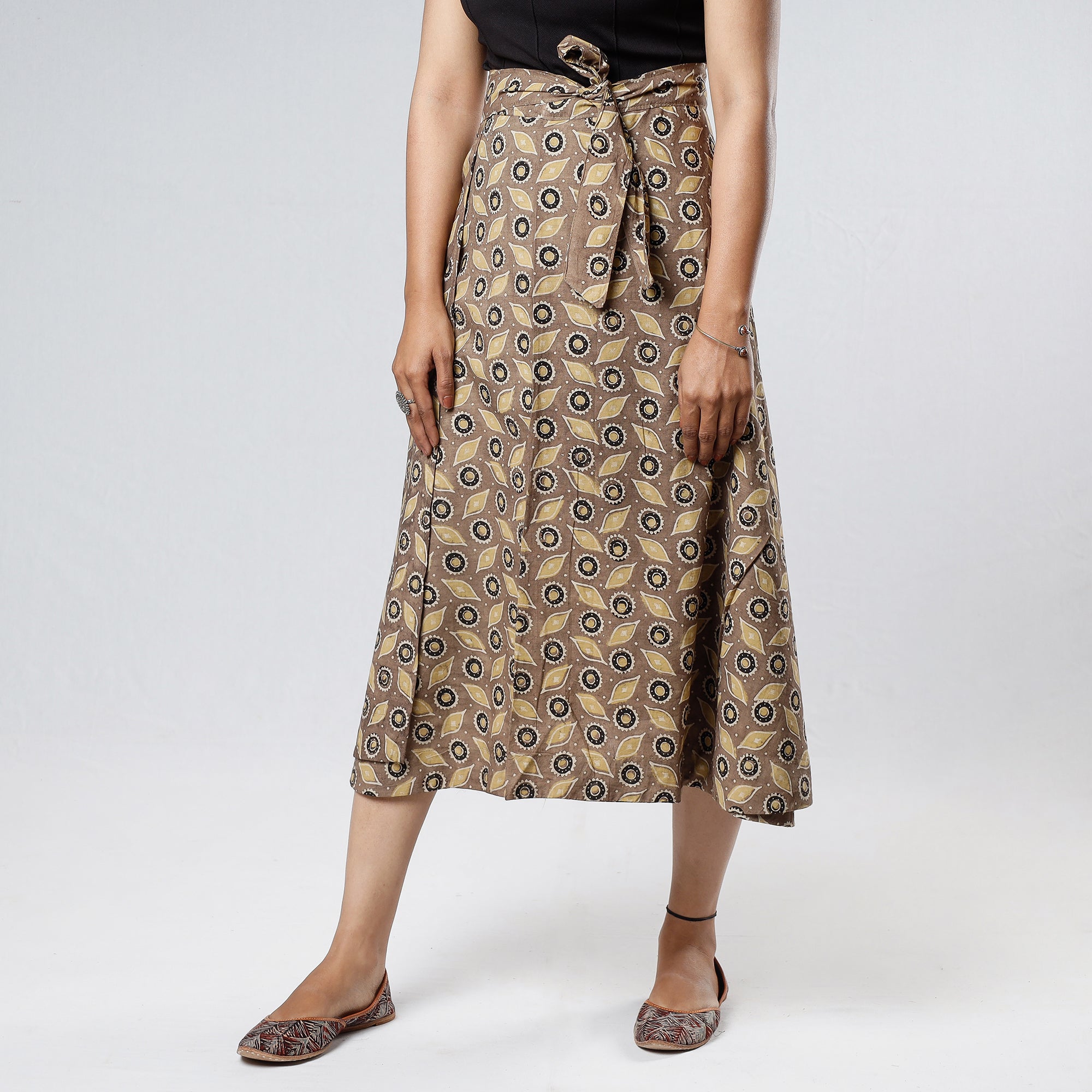 NOORI BAZAR Brown - Ajrakh Block Printed Cotton Wrap Around Skirt