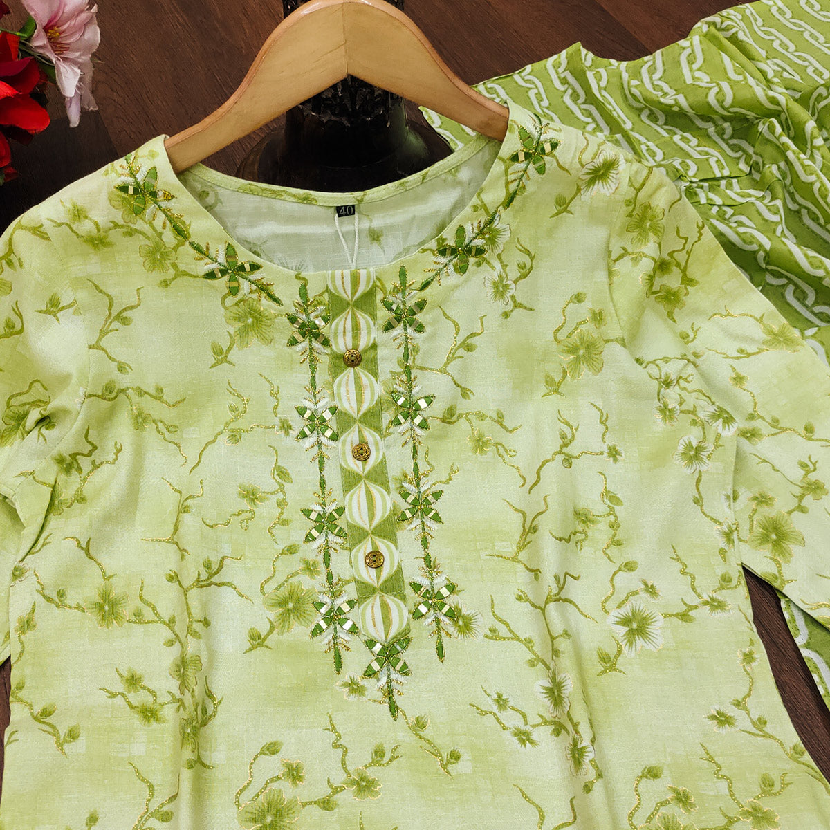Peachmode Light Green Printed Pure Cotton Kurti Palazzo Set With Dupatta - view 2