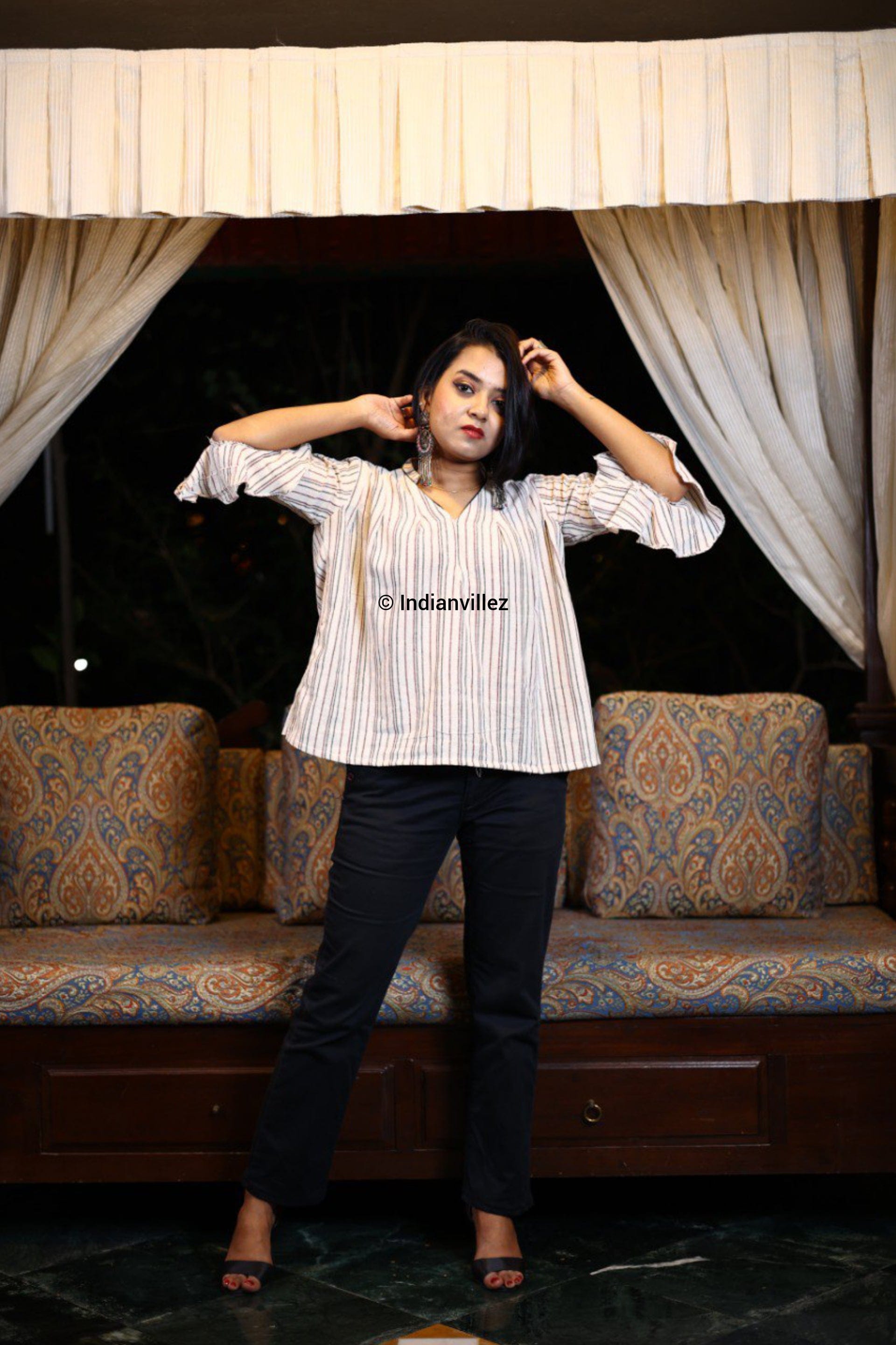 IndianVillèz White Stripes Kotpad Organic Cotton Bell Sleeves Top - view 2
