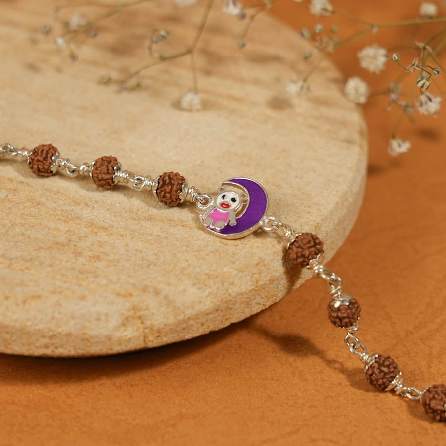 Prinjal Jewellers Rudraksha Silver Bracelet with Teddy and Moon Single Line for Kids