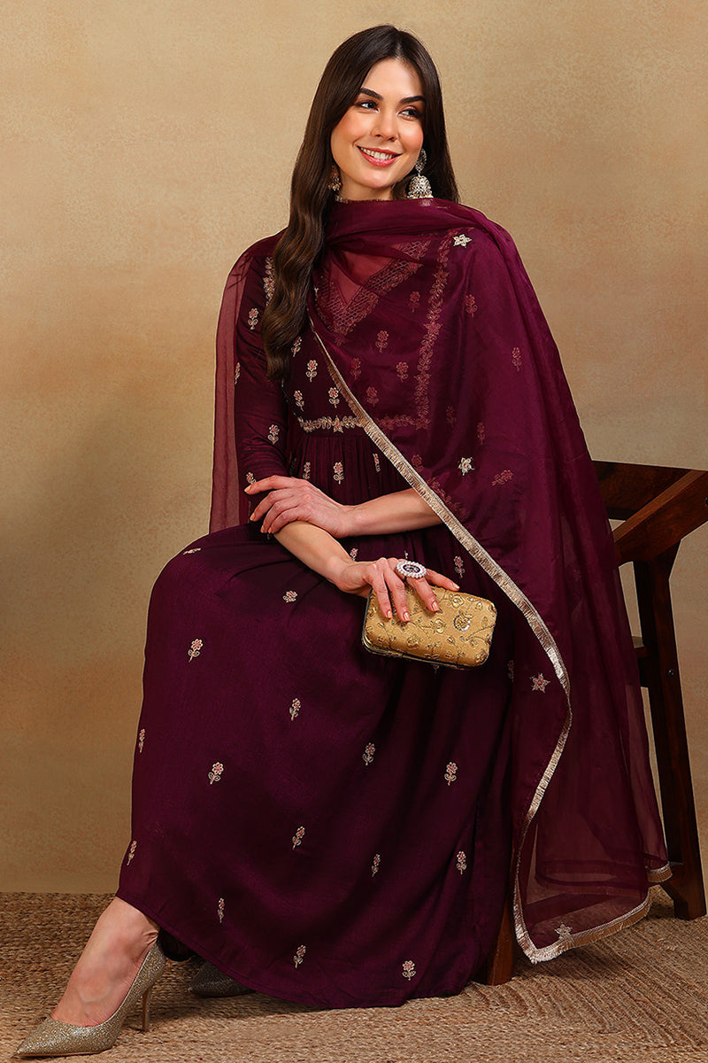 Ahika Purple Silk Blend Solid Embroidered Flared Empire Suit Set PKSKD2146 - view 2