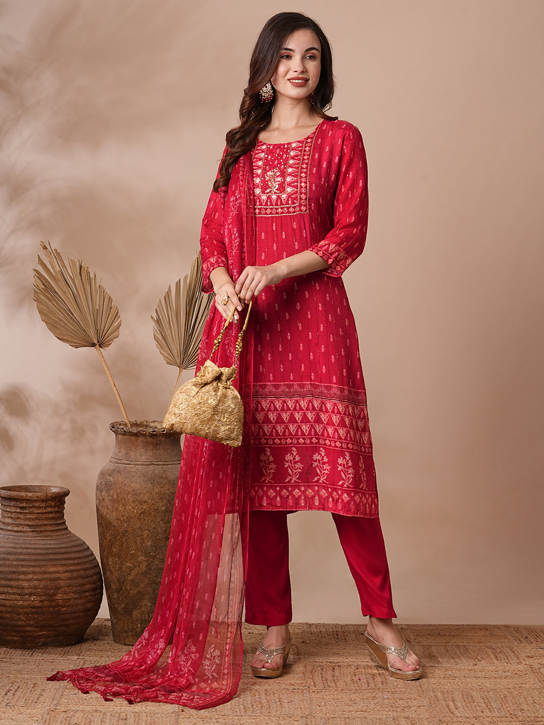 FASHOR Ethnic Printed & Hand Embroidered Straight Fit Kurta with Pant & Dupatta - Red