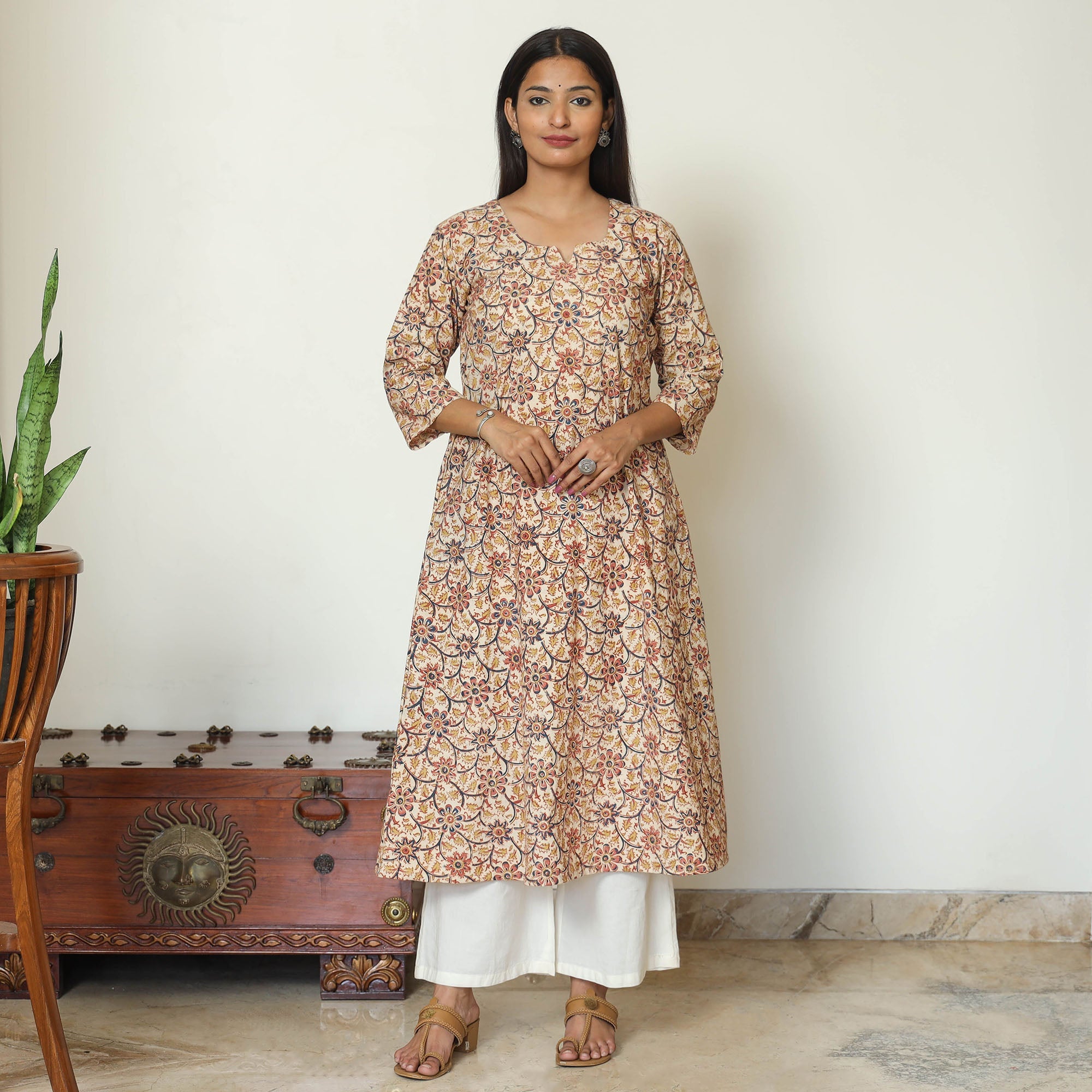 ITOKRI CASUALS Beige - Pedana Kalamkari Hand Block Printed Cotton A-Line Kurta 07 - view 2
