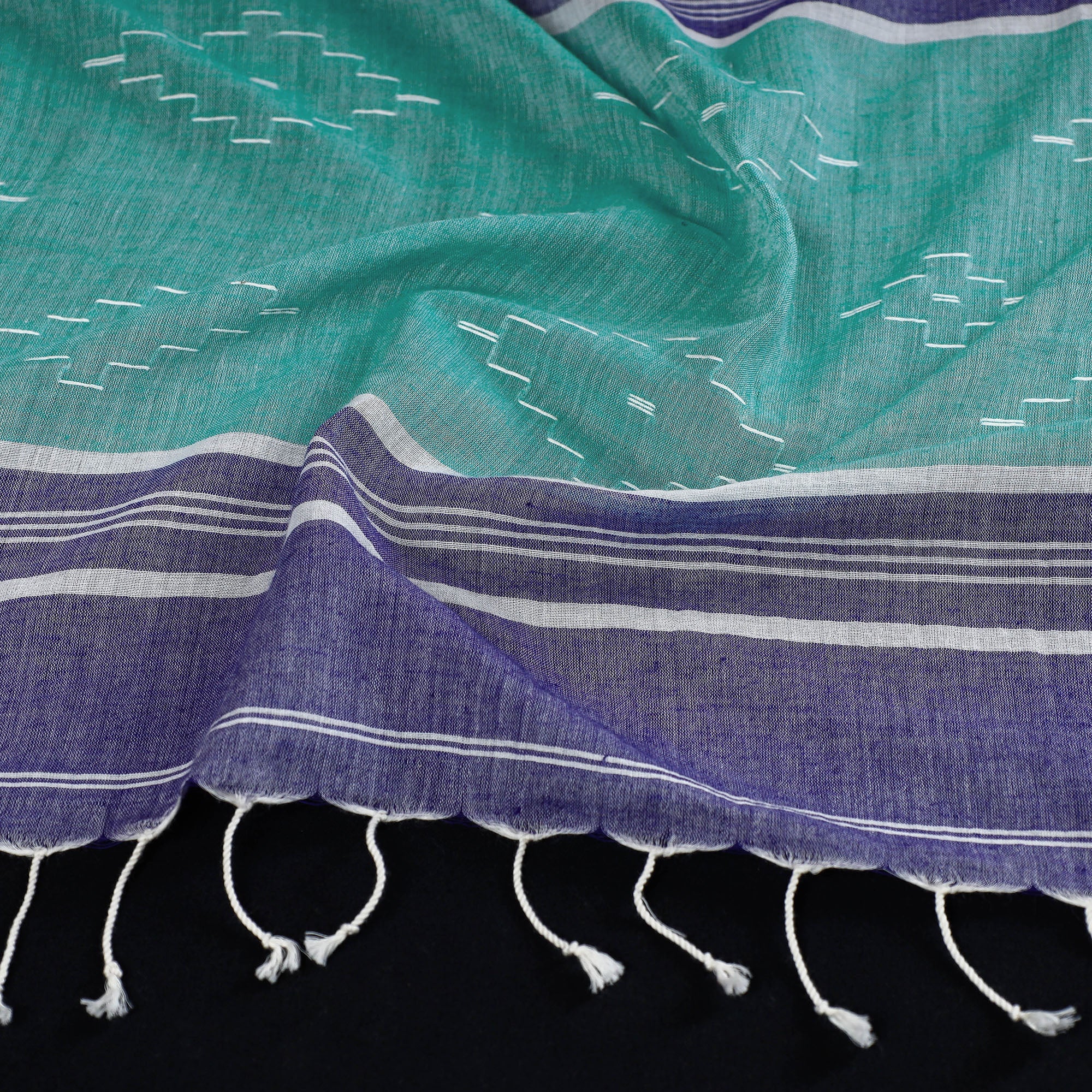 KHUSHBASH - HAPPY LOOM OF EAST Blue - Burdwan Jamdani Buti Handloom Cotton Stole with Tassels - view 2