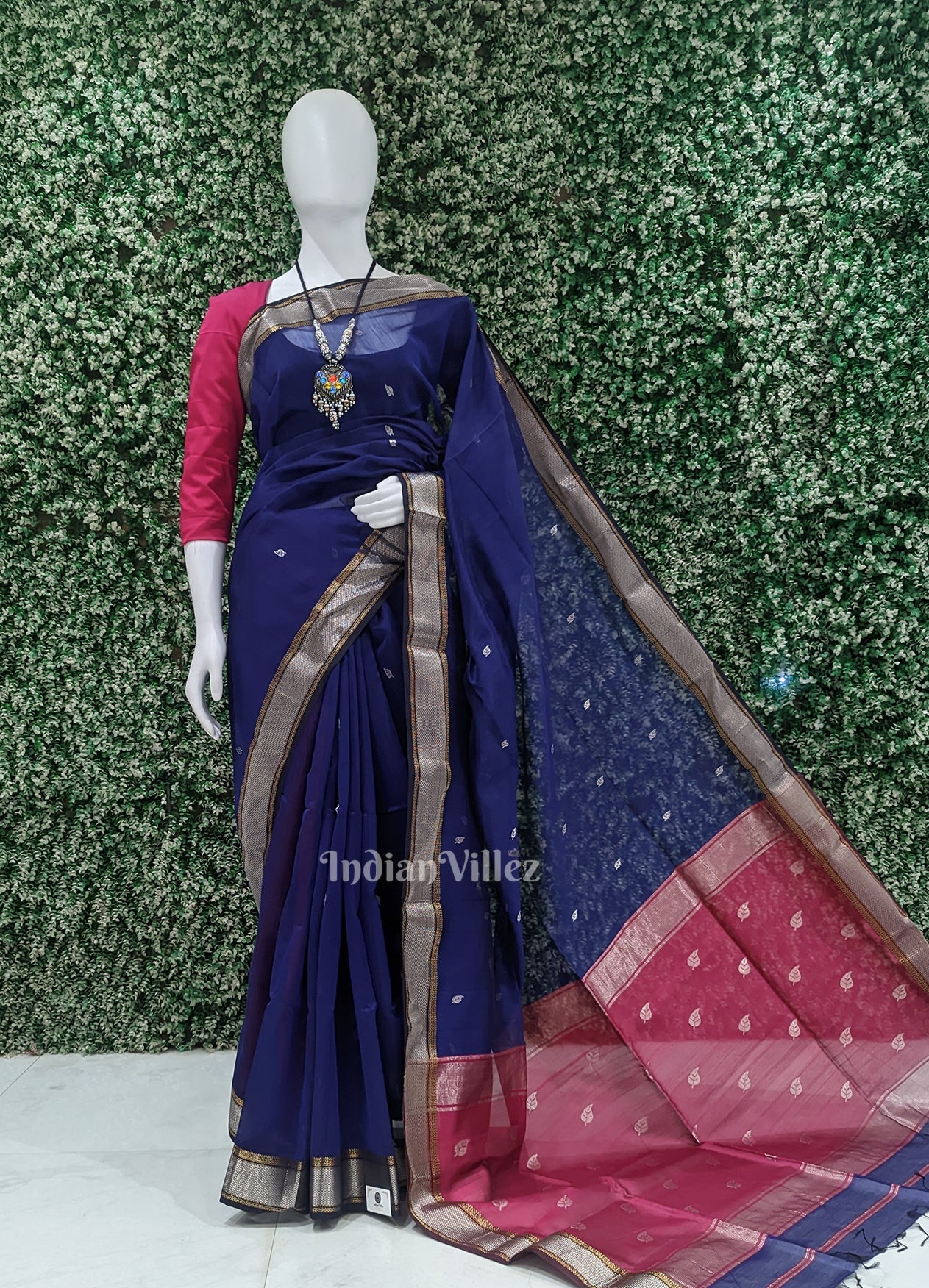 IndianVillèz Royal Blue Leaf Motif Pure Silk Cotton Maheshwari Saree