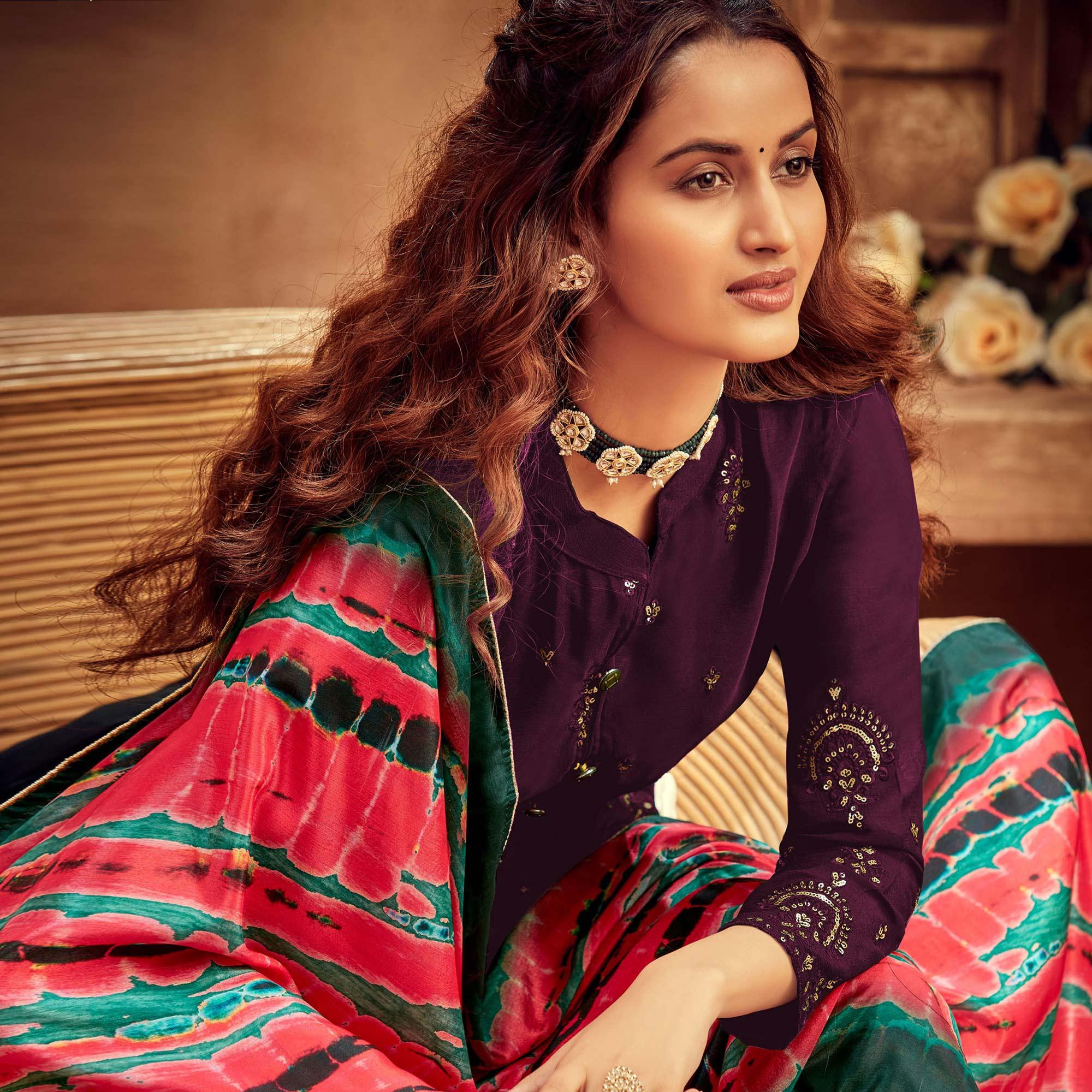 Peachmode Jazzy Purple Colored Embroidered Designer Partywear Heavy Faux Georgette Suit - view 3