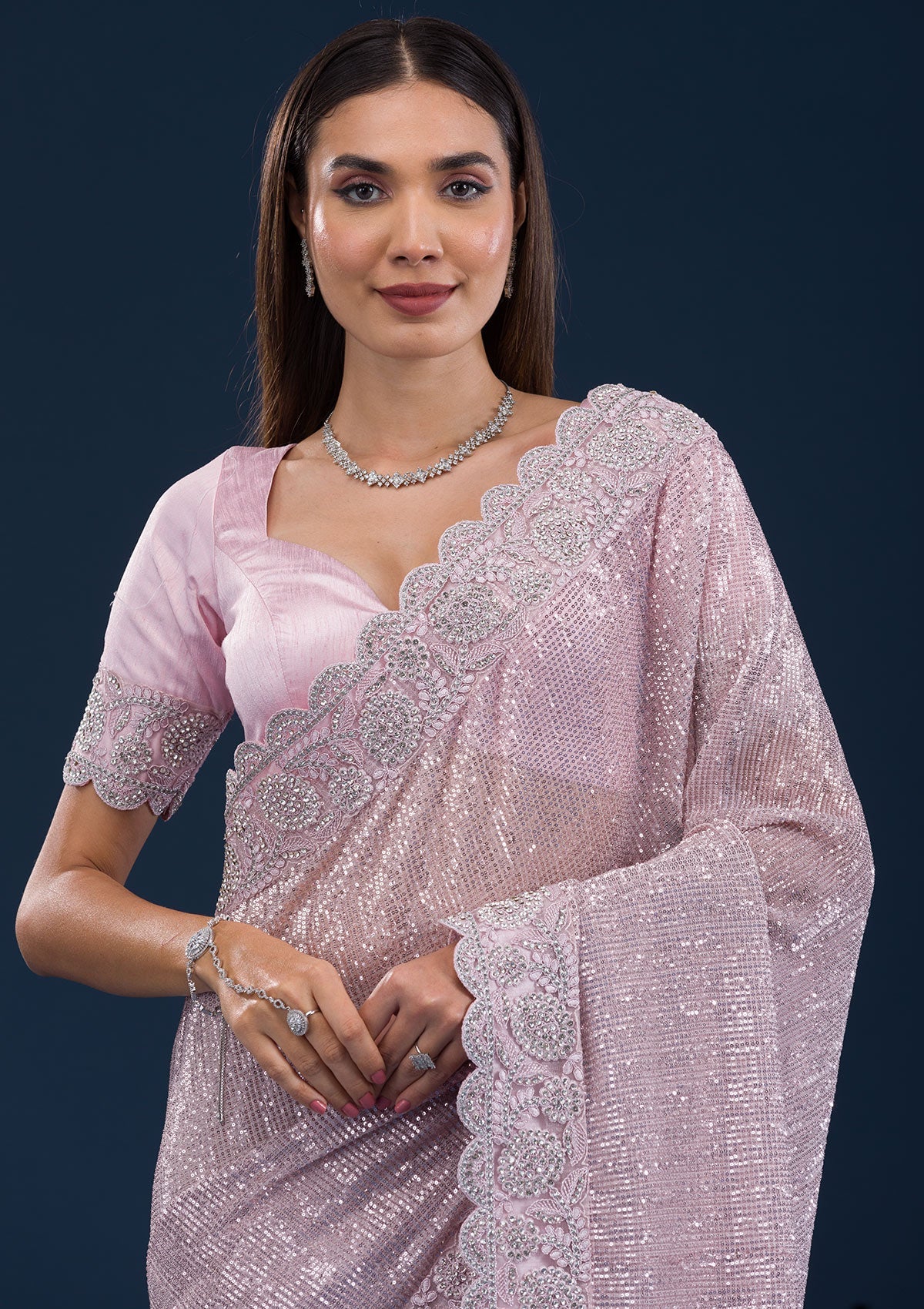Koskii Baby Pink Threadwork Net Saree – Women's - view 6