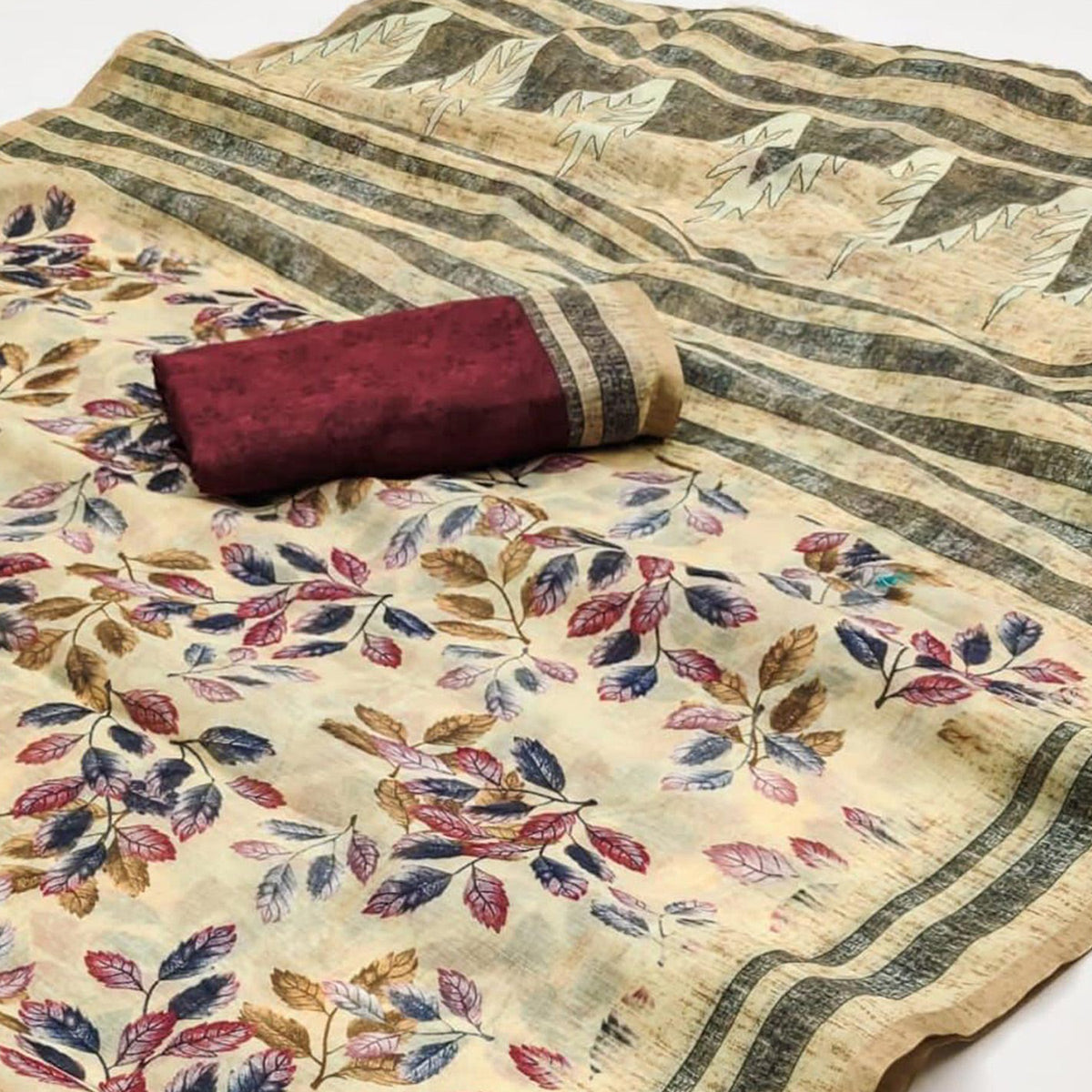 Peachmode Cream Kalamkari Floral Printed Chanderi Saree - view 2