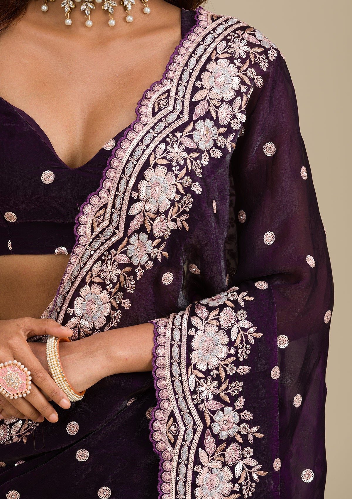 Koskii Purple Sequins Semi Crepe Saree – Women's - view 7