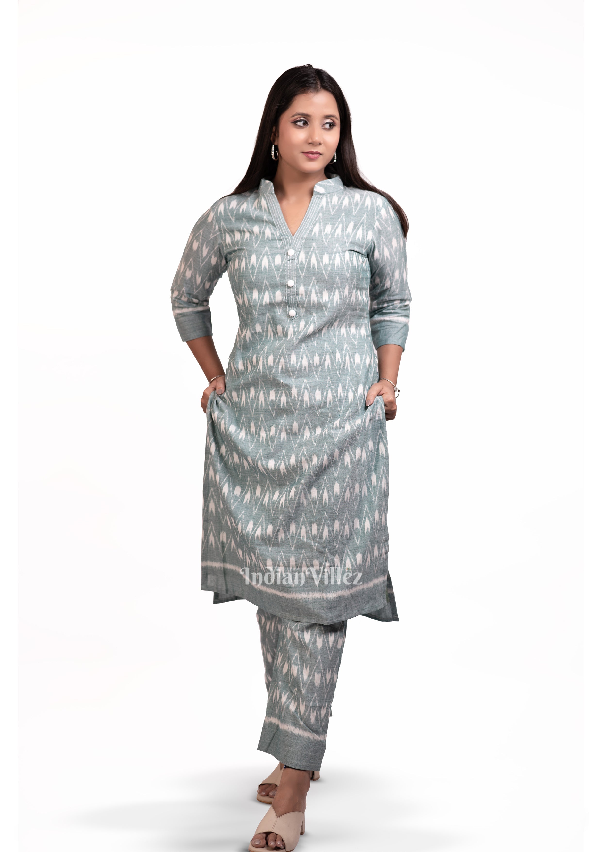 IndianVillèz Sage Green Odisha Ikat Designer Cotton Kurti Set for Women