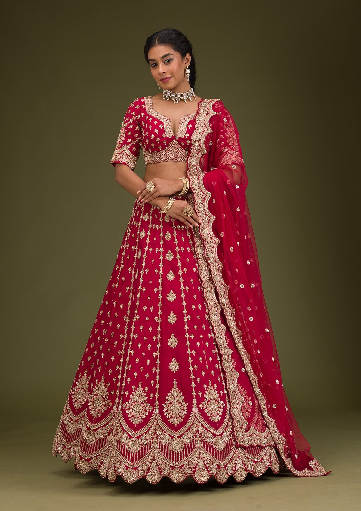 Koskii Rani Pink Zardosi Raw Silk Readymade Lehenga - view 6