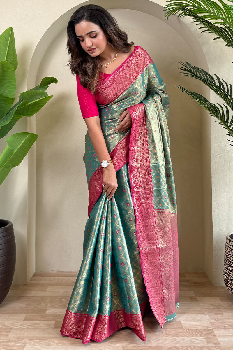 Tasrika Bewitching Sea Green Soft Banarasi Tissue Silk Saree With Vivacious Blouse Piece