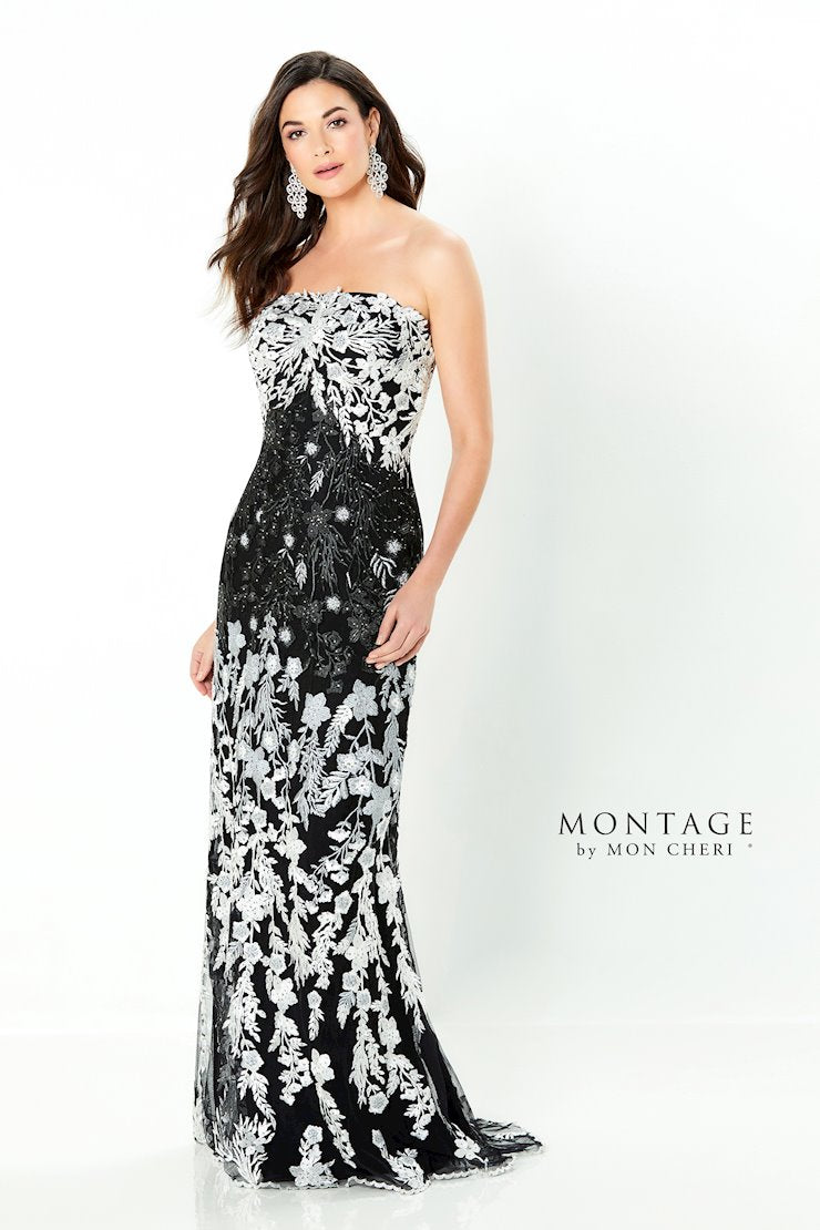 Montage 220944 Long Lace Detail Formal Dress – Black/White/Multi