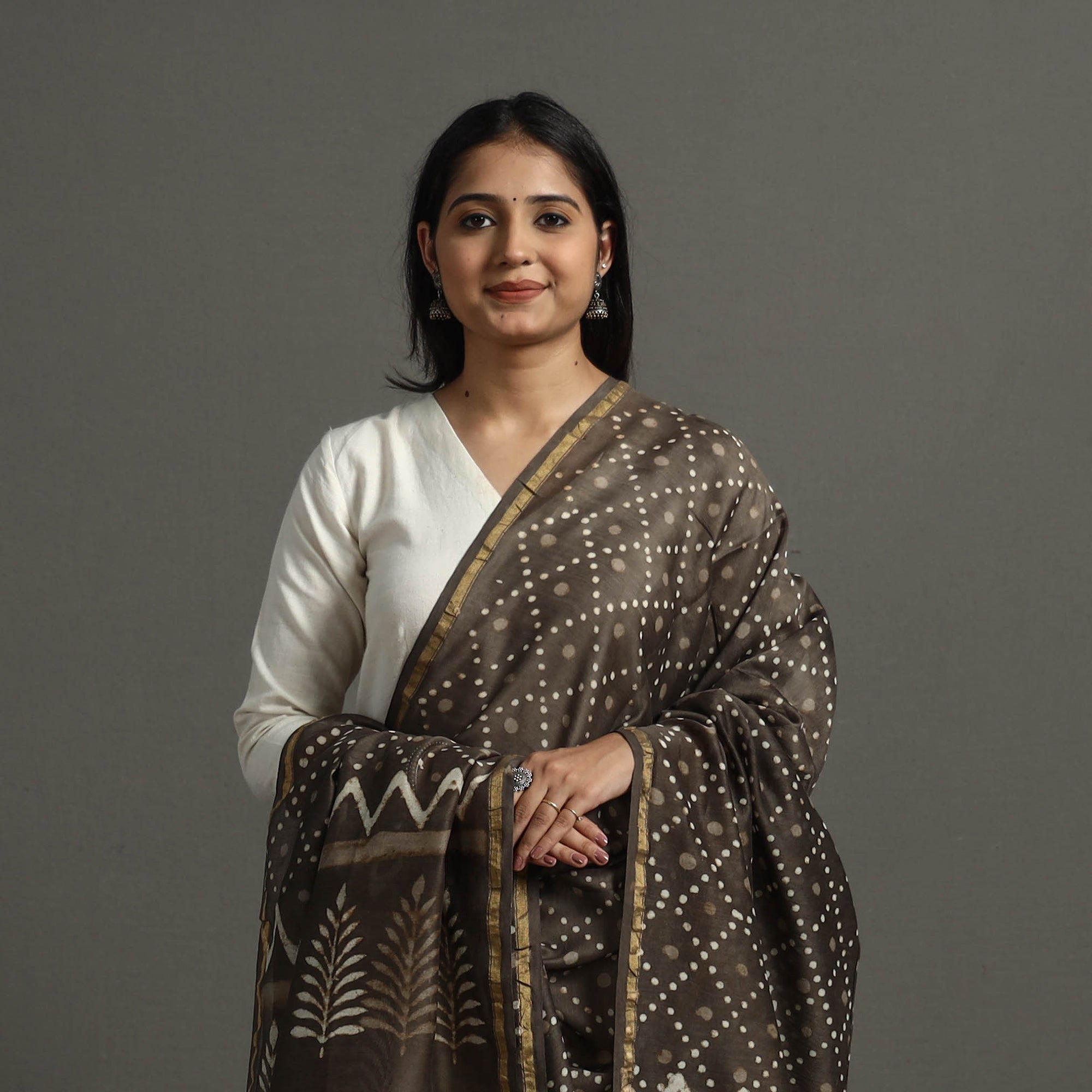 BAGRU DABU PRINTS Brown - Block Printed Chanderi Silk Bagru Dupatta 40 - view 3