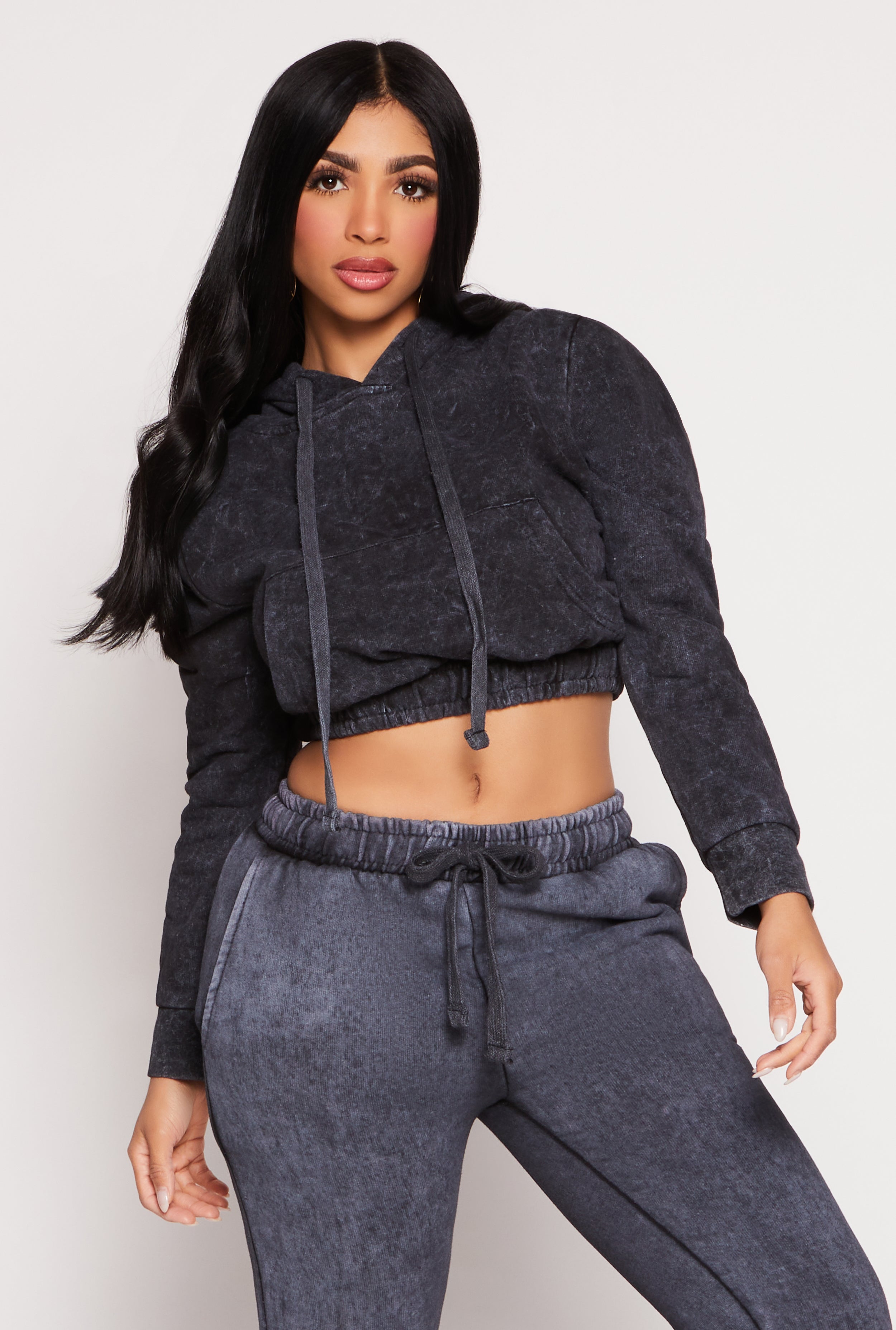 Rainbow Shops Acid Wash Cropped Pullover Hoodie