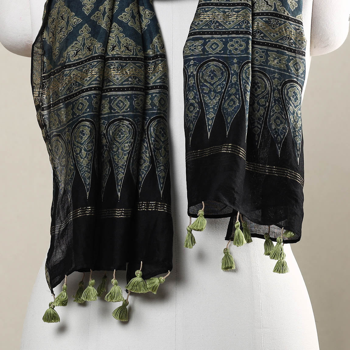 AJRAKH BY SUFIYAN ISMAIL KHATRI Blue - Ajrakh Hand Block Printed Chanderi Silk Handloom Stole with Tassels - view 3