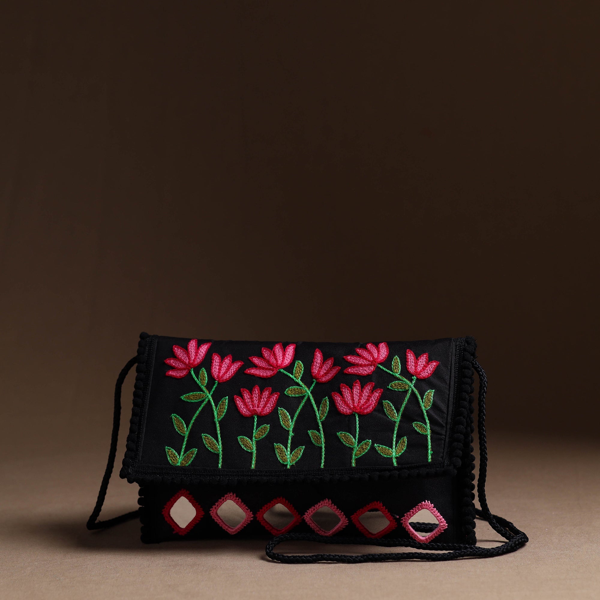 ITOKRI CRAFTS INITIATIVE Black - Aari Hand Embroidery Mirror Work Cotton Sling Bag 08