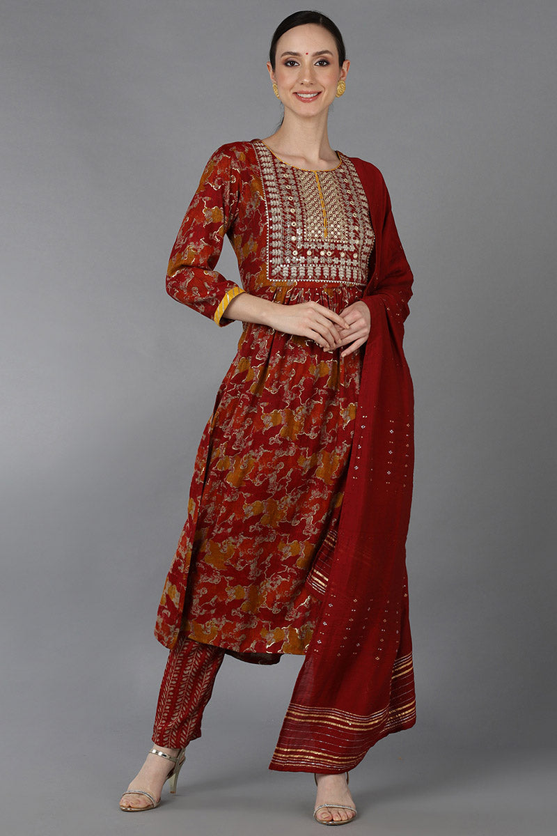 Ahika Red Cotton Blend Zari Embroidered Suit Set VKSKD1667