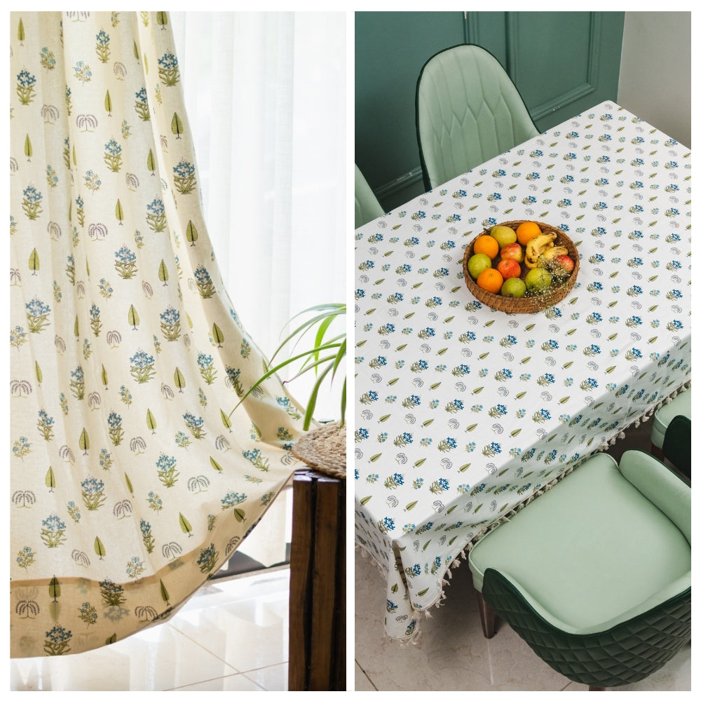 Cotton curtains cotton – Urban Space Home Furnishing Cotton Curtains + Cotton Table Cover - (Combo 5 - Calico Blue + Calico Blue)