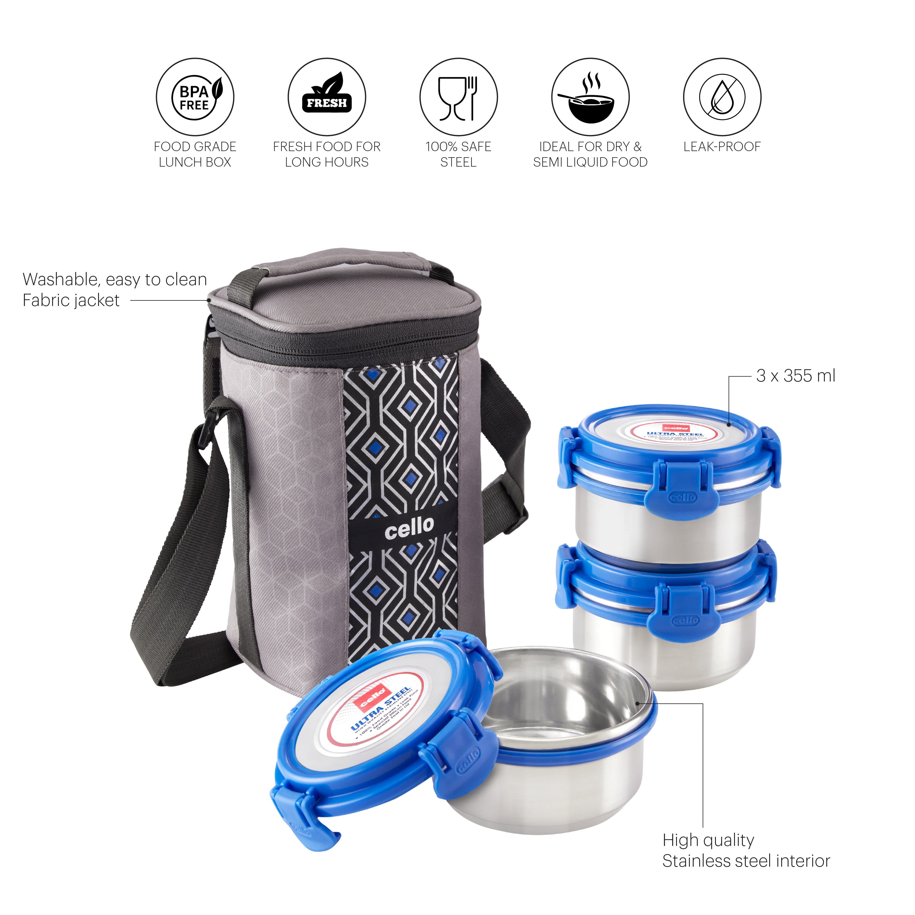 Cello MF Ultra Stainless Steel Lunch Box with Jacket, Set of 3 - view 6