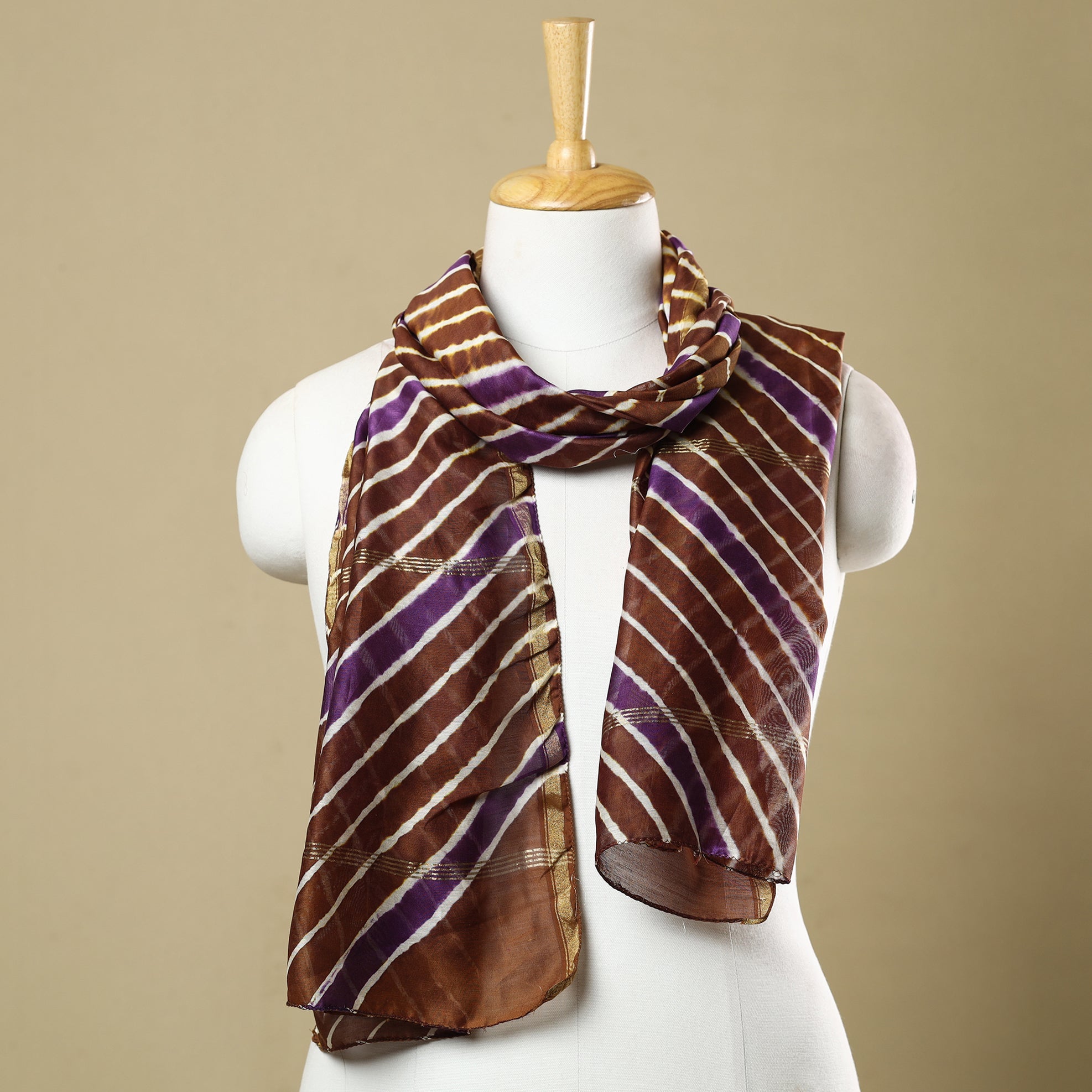 LEHARIYA BY BADSHAH MIYAN Brown - Leheriya Tie-Dye Chanderi Silk Handloom Stole with Zari Border 44