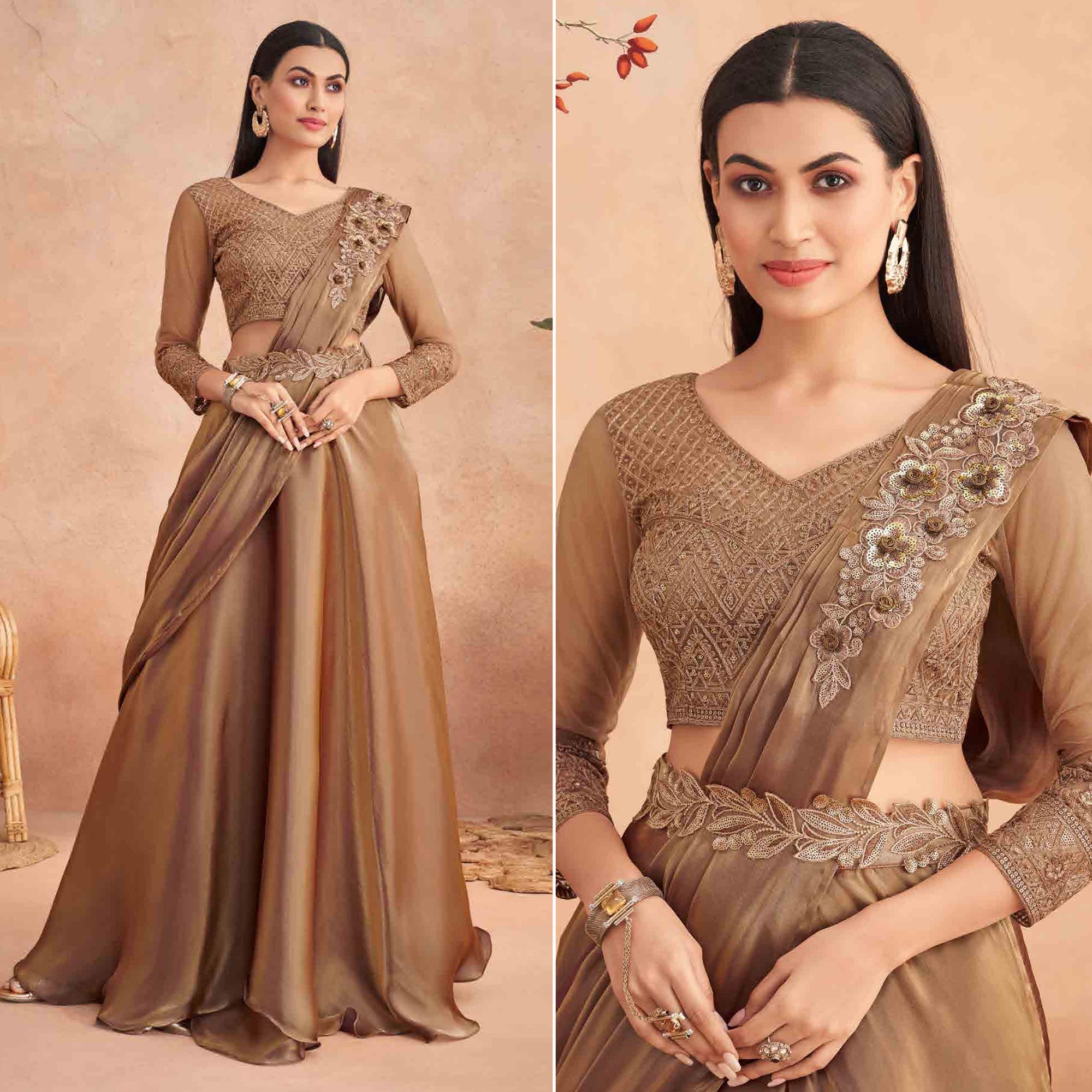 Peachmode Seller Brown Sequins Embroidered Ready to Wear Art silk saree