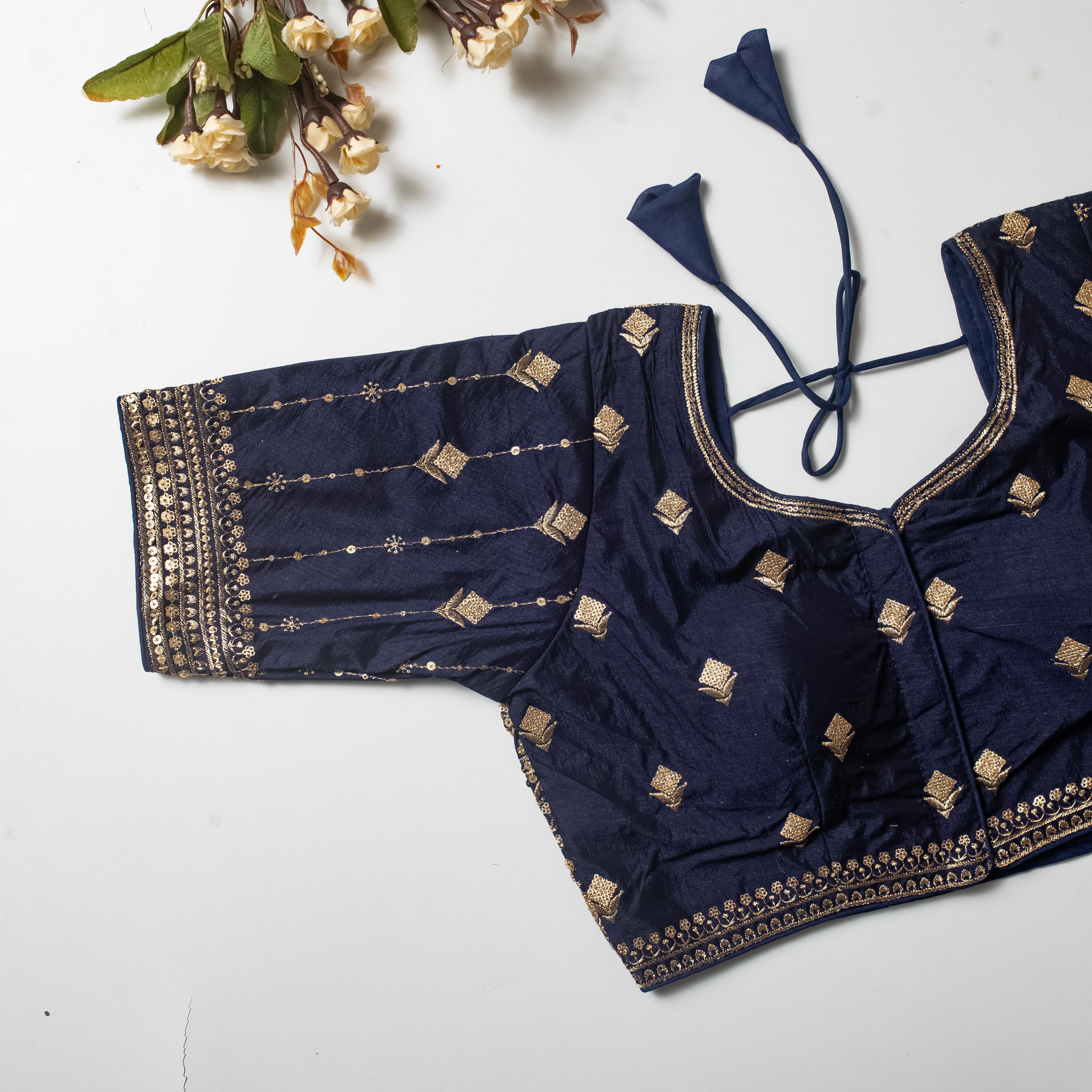 ClothsVilla Navy Blue Golden Embroidered Vibrant Silk Blouse with Sequins