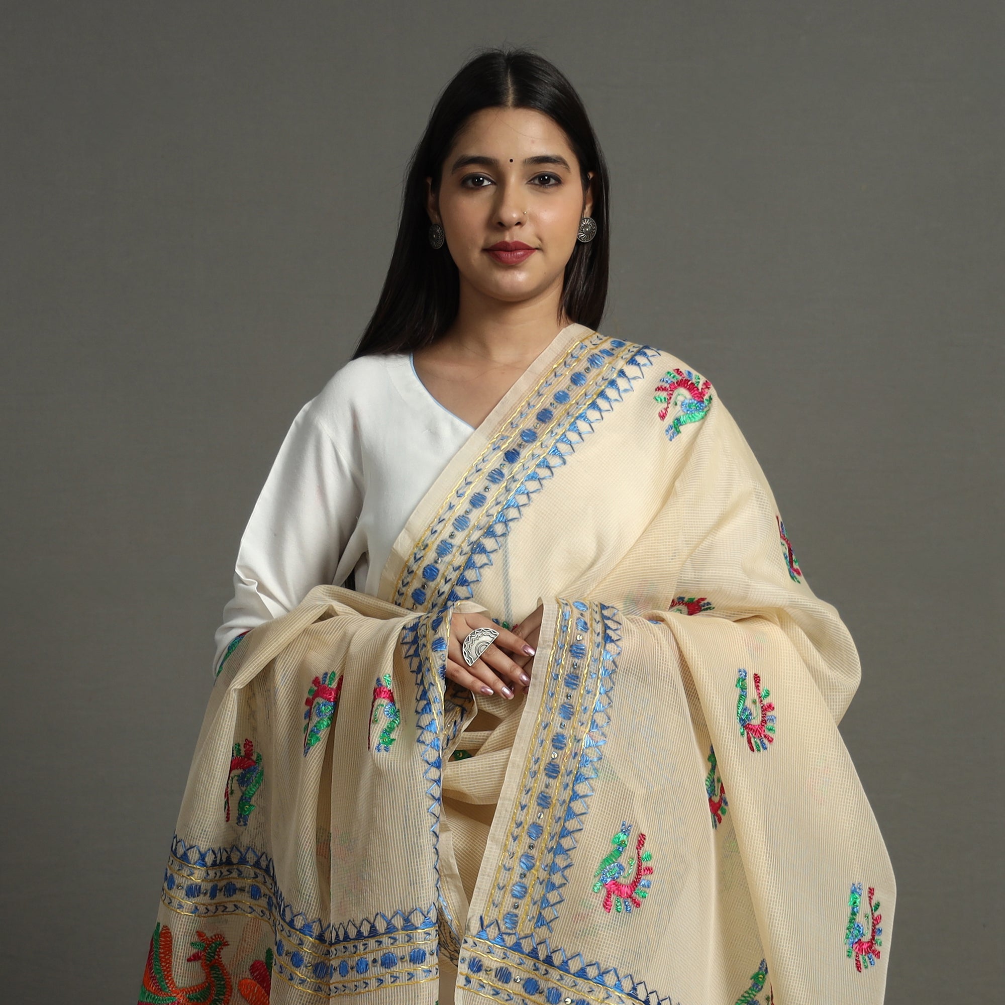 ITOKRI CRAFTS INITIATIVE Beige - Phulkari Hand Embroidery Kota Doria Chanderi Silk Dupatta with Tassels 12 - view 3