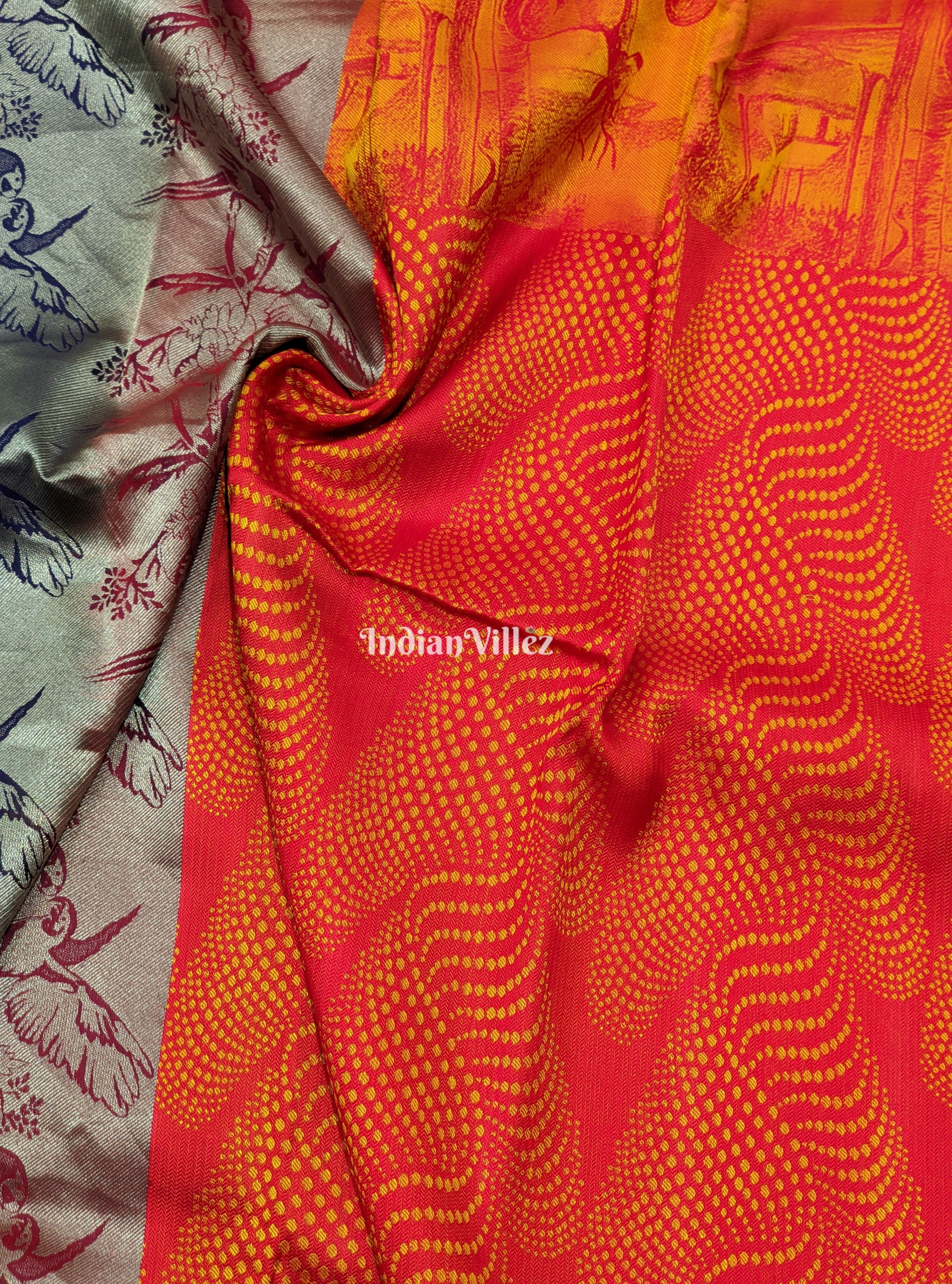 IndianVillèz Red Orange Forest Theme Pure Kanchipuram Silk Saree - view 4