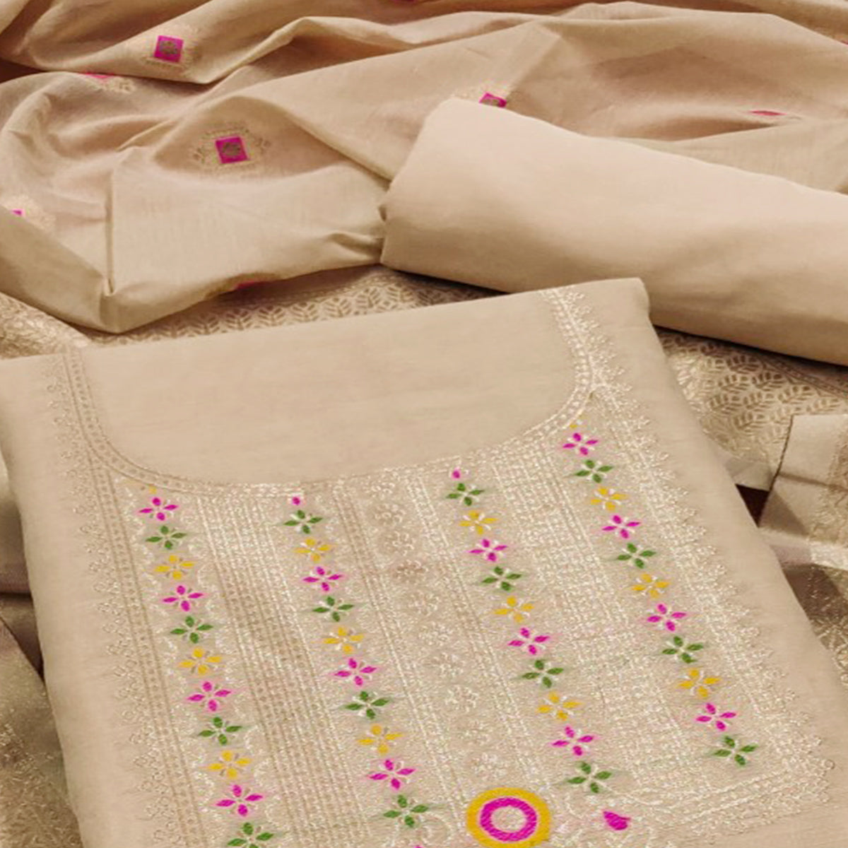 Peachmode Chikoo Floral Woven Chanderi Dress Material - view 2